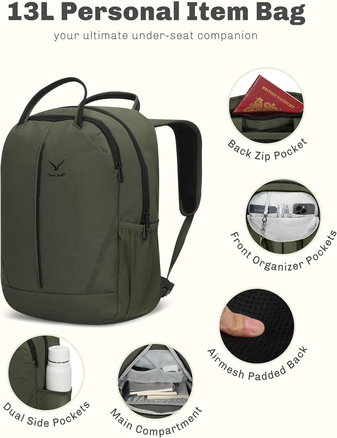 Hynes Eagle 2 in 1 Travel Backpack Set Rolling Backpack with Wheels Carry on Luggage 43L with Personal Item Bag for Men Women Army Green - Image 8