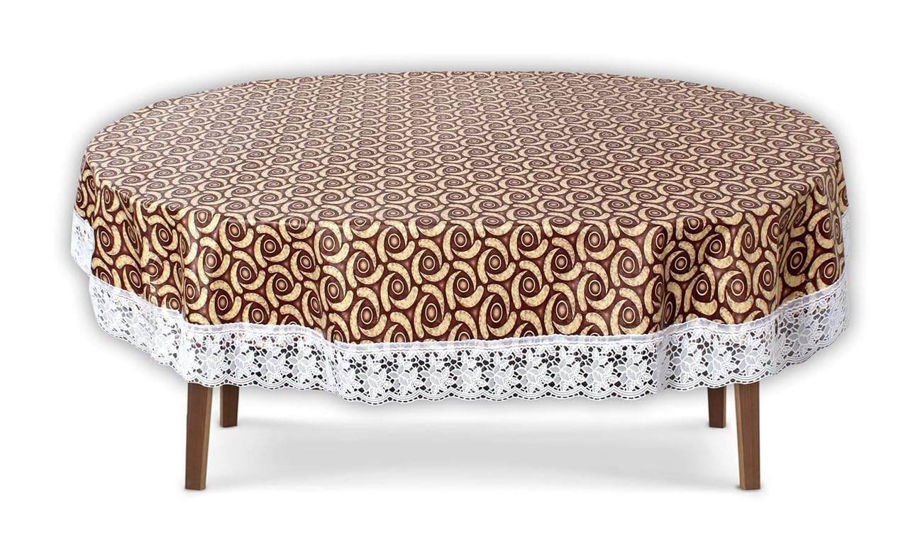 Center & Dining Table Cover Beige Color Printed Table Cloth with White Lace - Waterpoof & Dustproof High Qualtiy Table Cover (60x90 inch (Oval))-Table Cloth Beige 54-image-35