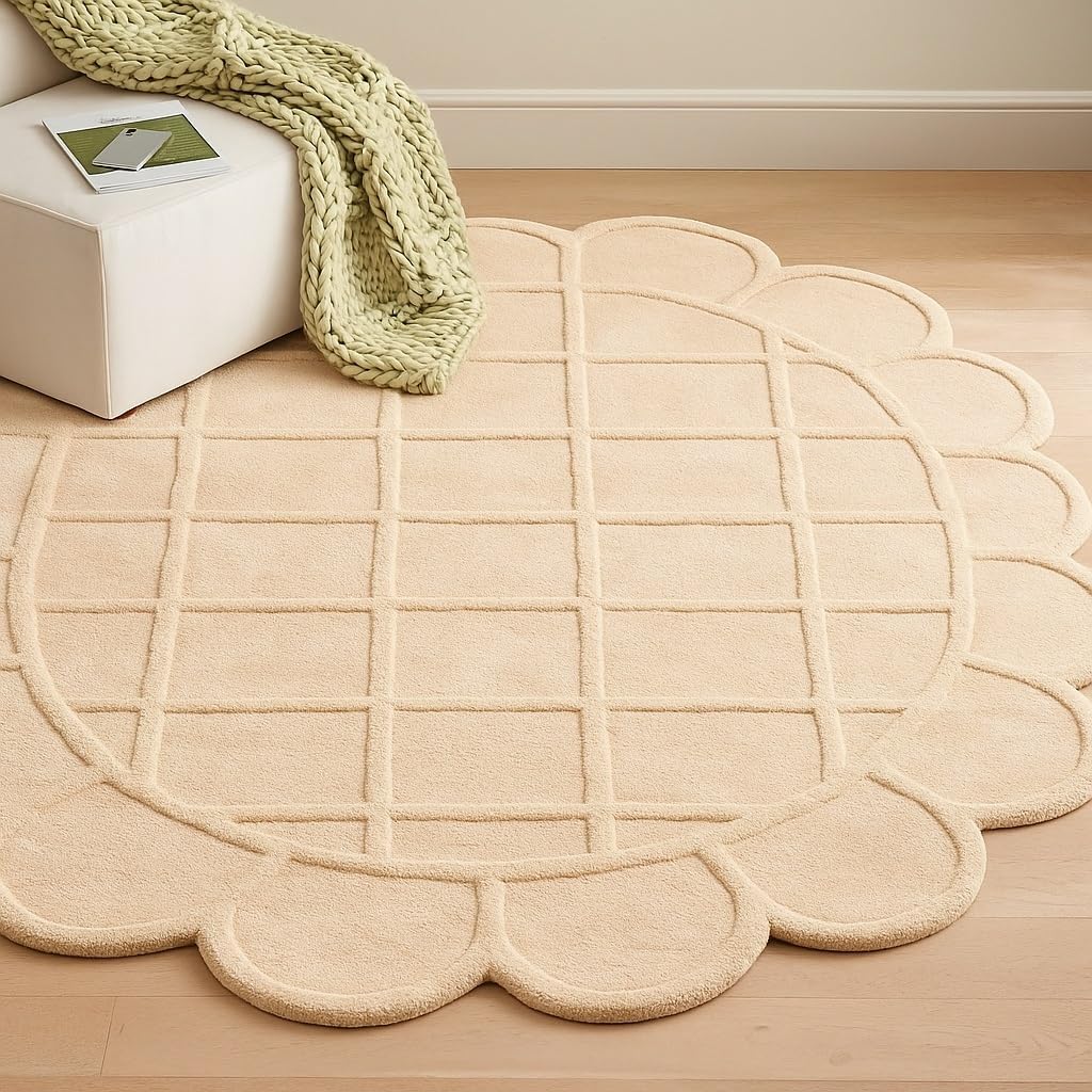Scallop Shaped Luxury Handmade Wool, Hand-Tufted Premium Area Rug with Non-Slip Natural Cotton Backing for Living Room & Bedroom(Beige,5'x8',)