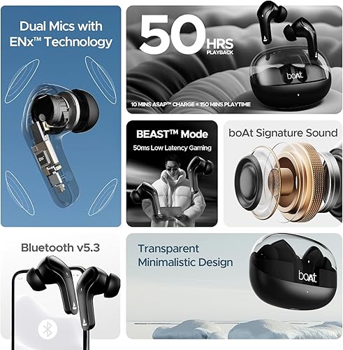 Miniatura 2 de boAt Airdopes 311 Pro - Auriculares intraurales verdaderamente inalámbricos, hasta 50 horas de reproducción, micrófonos duales, modo de baja