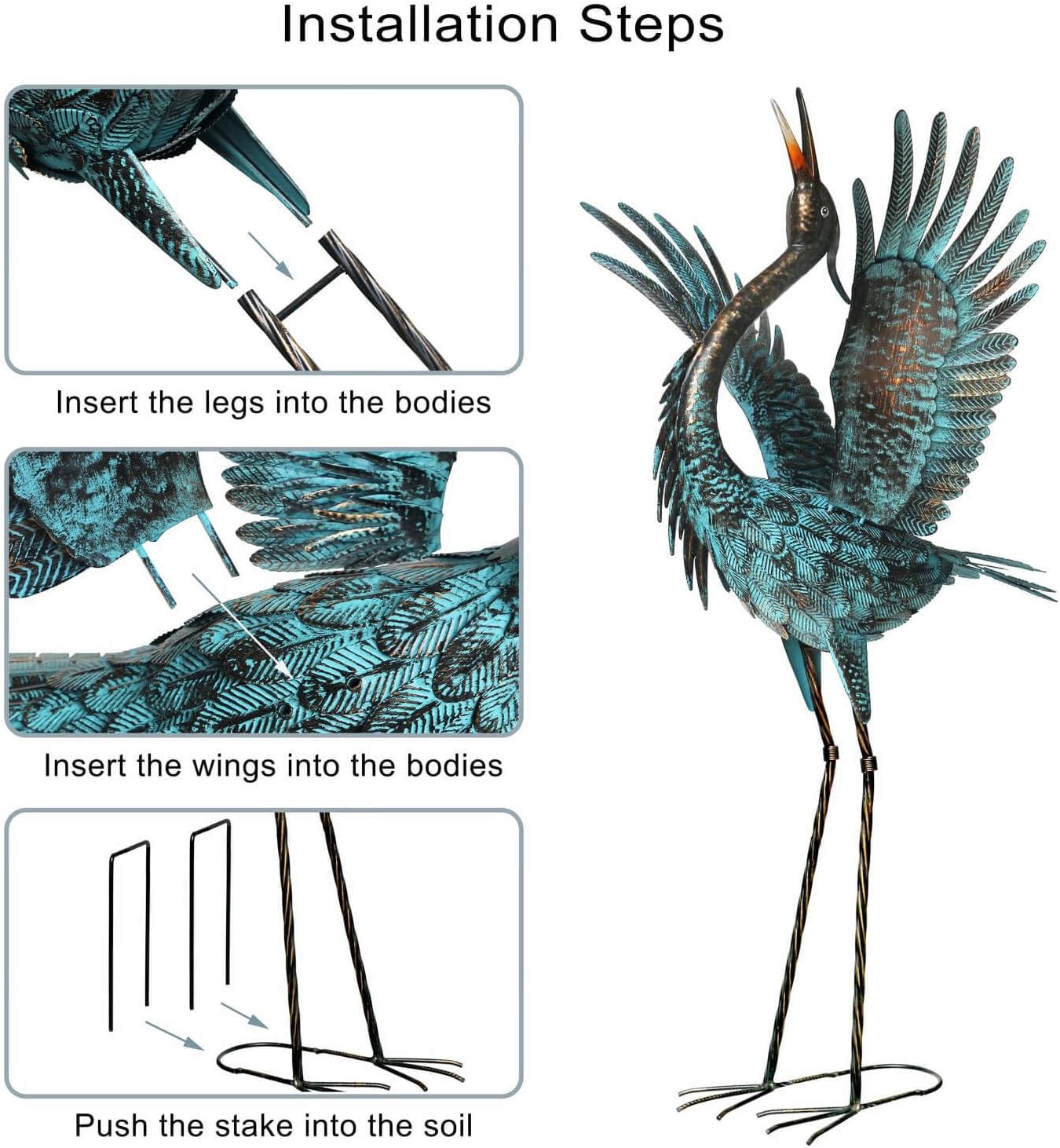 Natelf Garden Crane Sculptures & Statues, Blue Heron Decor Outdoor Large Bird Yard Art, Standing Metal Herons Lawn Ornaments for Home Patio Porch Backyard Decorations(Set of 2)