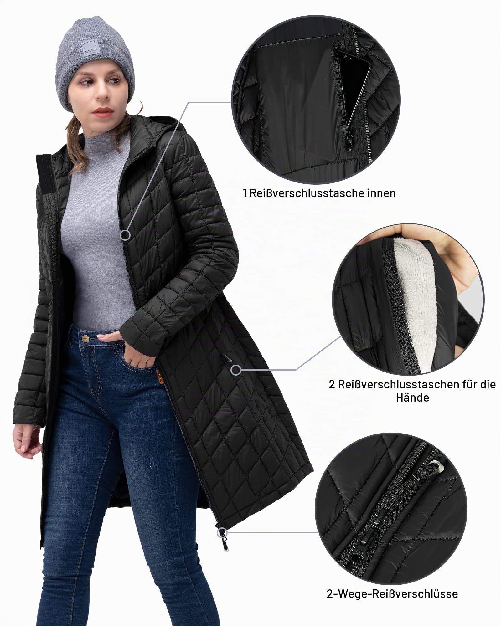 33,000ft Wintermantel Damen Steppmantel Leicht Parka Wasserdicht Winterjacke Langer Jacke Pufferjacke Warme Outdoorjacke Thermolite Steppjacke mit Kapuze