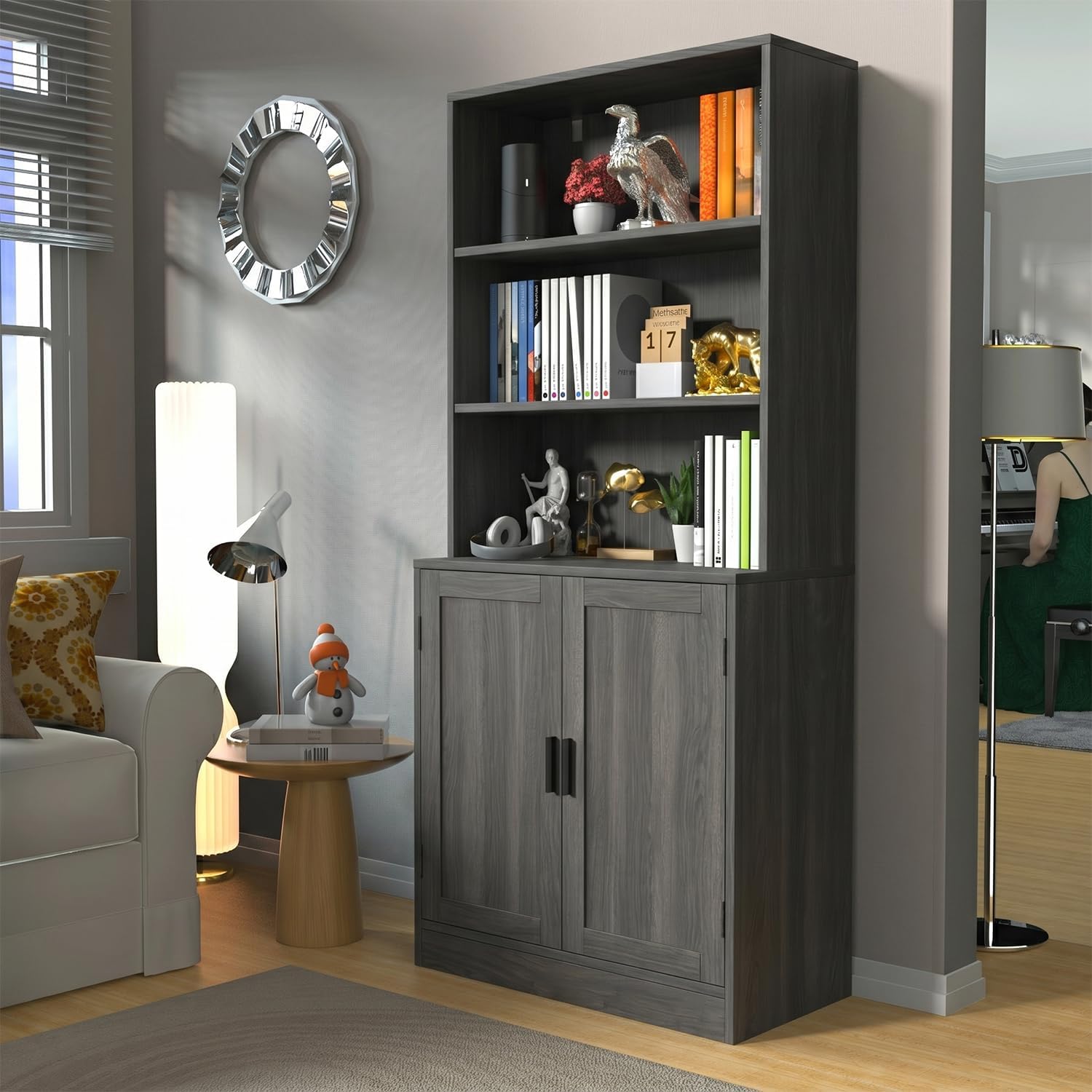 holzart 75" Tall Bookcase with Doors, 5 Tier Large Bookshelf with Cabinet, Standing Wood Display Book Shelf for Living Room, Office, Library with Doors, Dark Grey