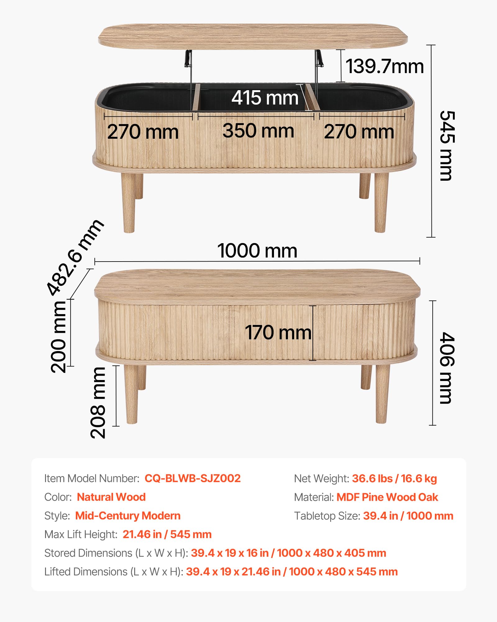 VEVOR Mesa de Centro Elevable, 1000 x 480 x 405 mm, Mesa de Salón o Comedor con 3 Compartimientos Ocultos, Acabado Acanalado de Madera Natural, Mesita Multifuncional, para Hogar Oficina Sala de Estar