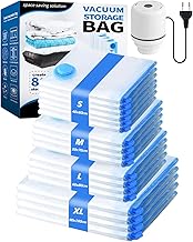 18 Clothes Vacuum Bags with Electric Pump - 4 Thick, Waterproof Compression Bags: 4 Giant, 4 Large, 4 Medium, 6 Small for Clothing, Duvets, Winter Jackets