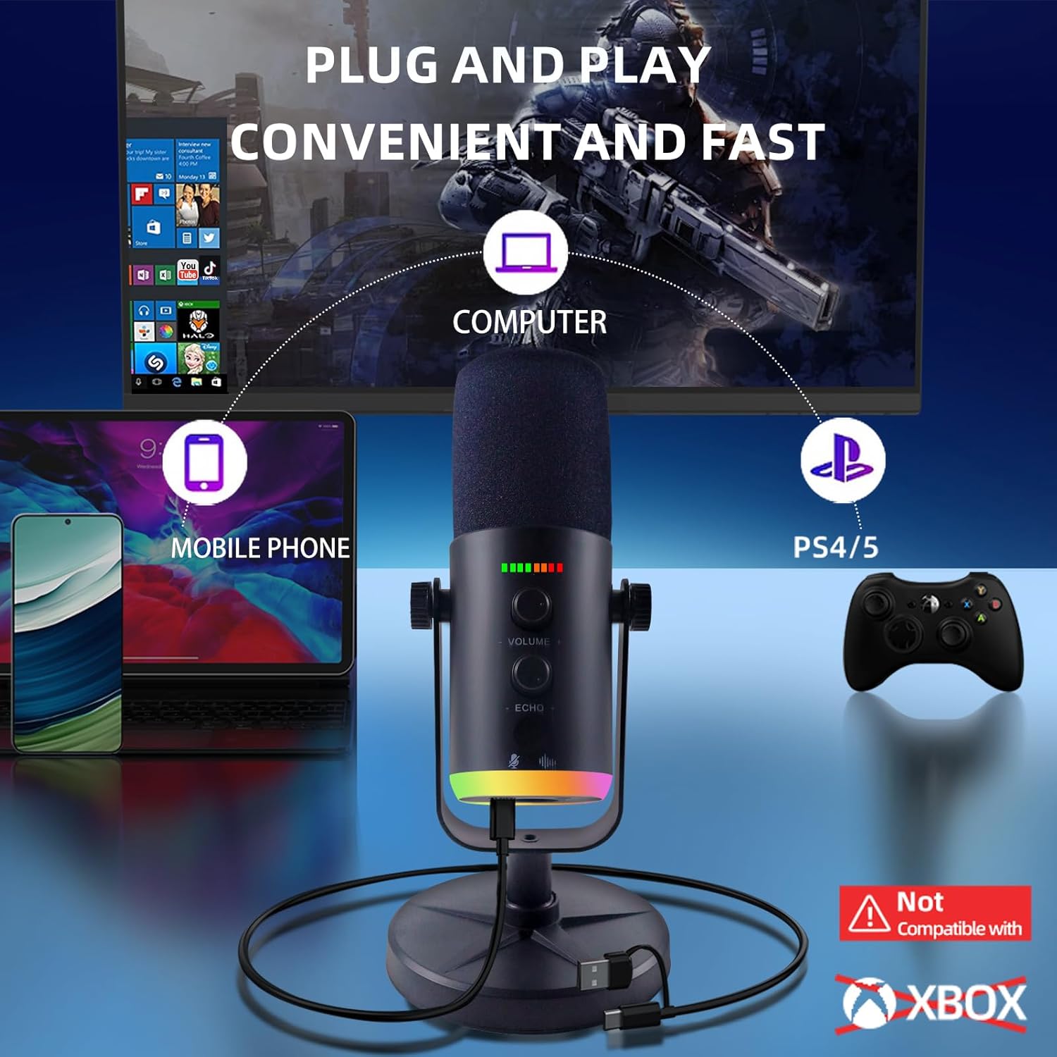 Yamnweo YU7 Microphone connected via USB to a computer, mobile phone, and PS5