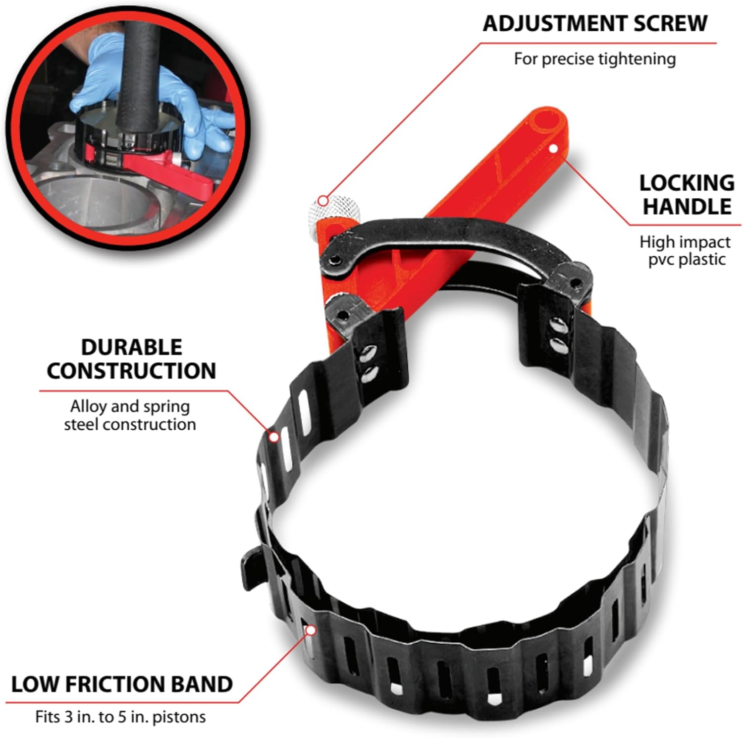Performance Tool W80574 Low Friction Wrinkle Band Piston Installer - Fits 3-Inch to 5-Inch Pistons, Adjust Only Once for All Pistons, Easy to Use