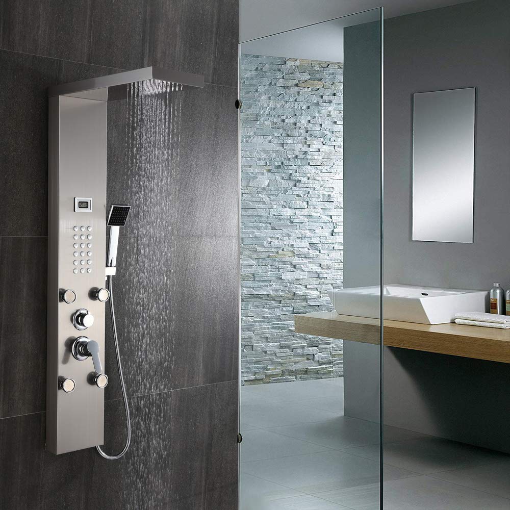 Auralum Panneau de douche en acier inoxydable avec robinetterie, 3 modes de sortie d'eau, douche complet avec affichage de la température LCD, système de douche, panneau de douche de