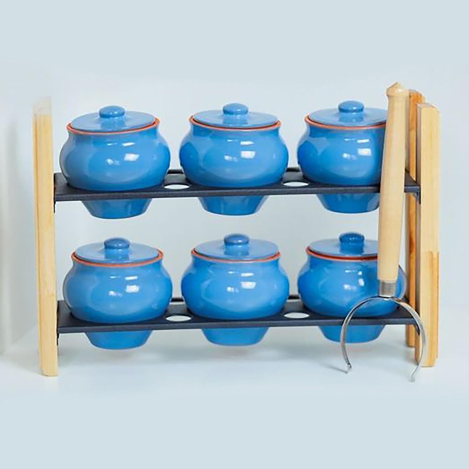 Set of 6 Natural Clay Stoneware Baking Ramekins with Lids & 1 Oven Fork - 0.5-Qt Each - 16.9 fl oz (500 ml) - Clay Pots for Cooking, Dutch Oven Pot With Lid (Blue)