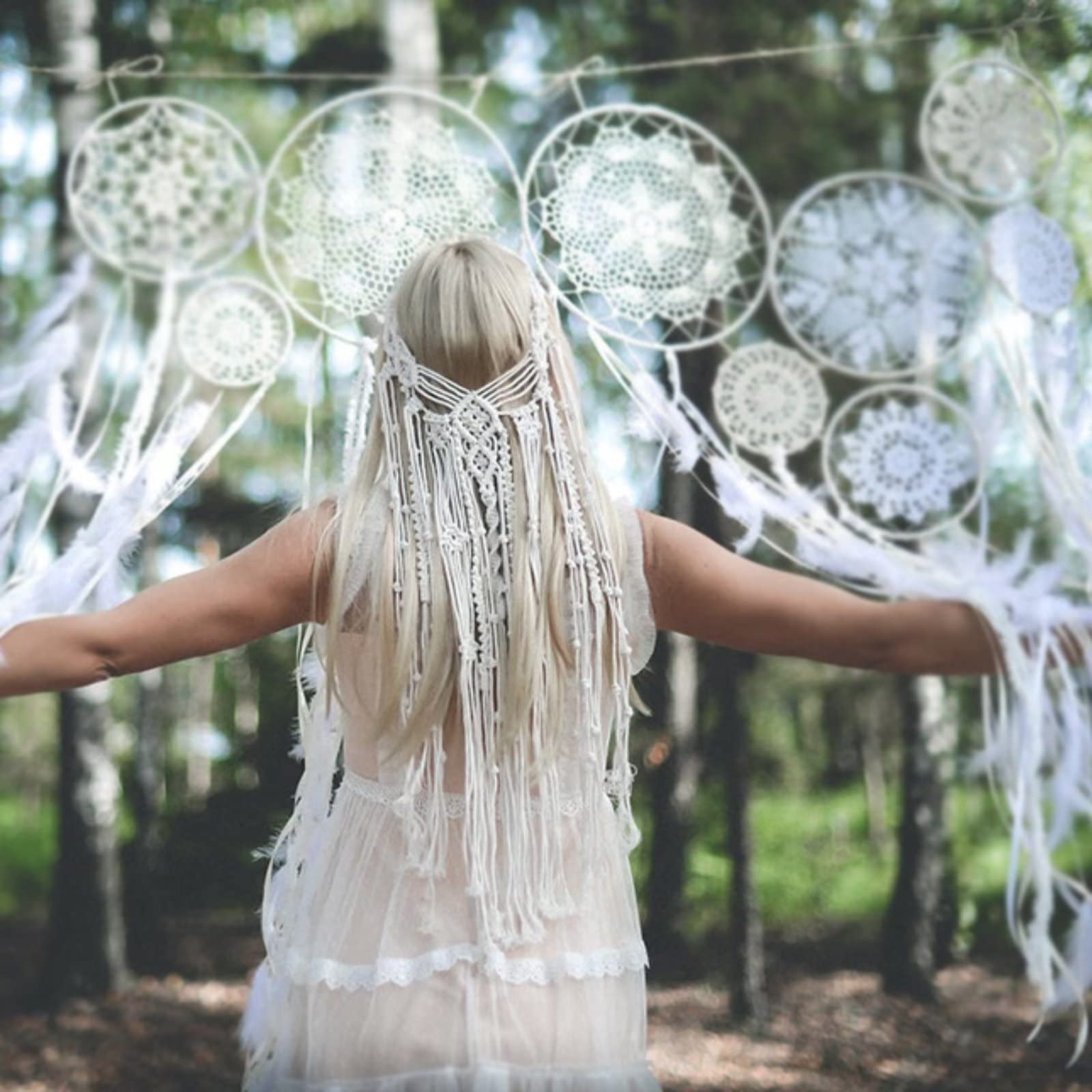 Fasce di nappe bohémien, velo da sposa Macrame bianco Boho Hippie Feather Headband Accessori per capelli da sposa per donne e ragazze