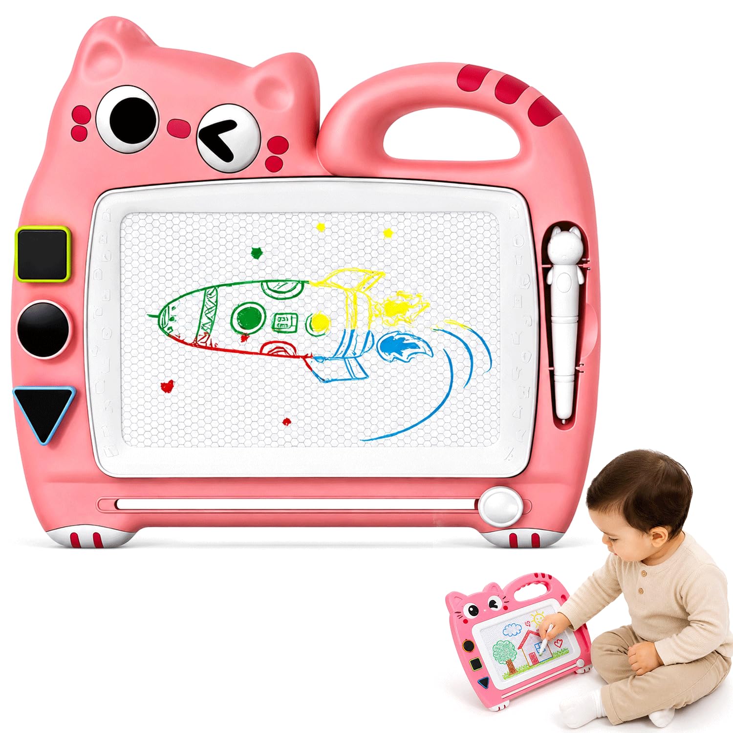 Mak2 Magnetic Drawing Board Kids, Toddler Drawing Pad with Pen & Stampers, Educational Drawing Toy for Boys & Girls Age 1 2 3 4 Years, Reusable Kids Learning Toy Birthday Gift, (Pink)