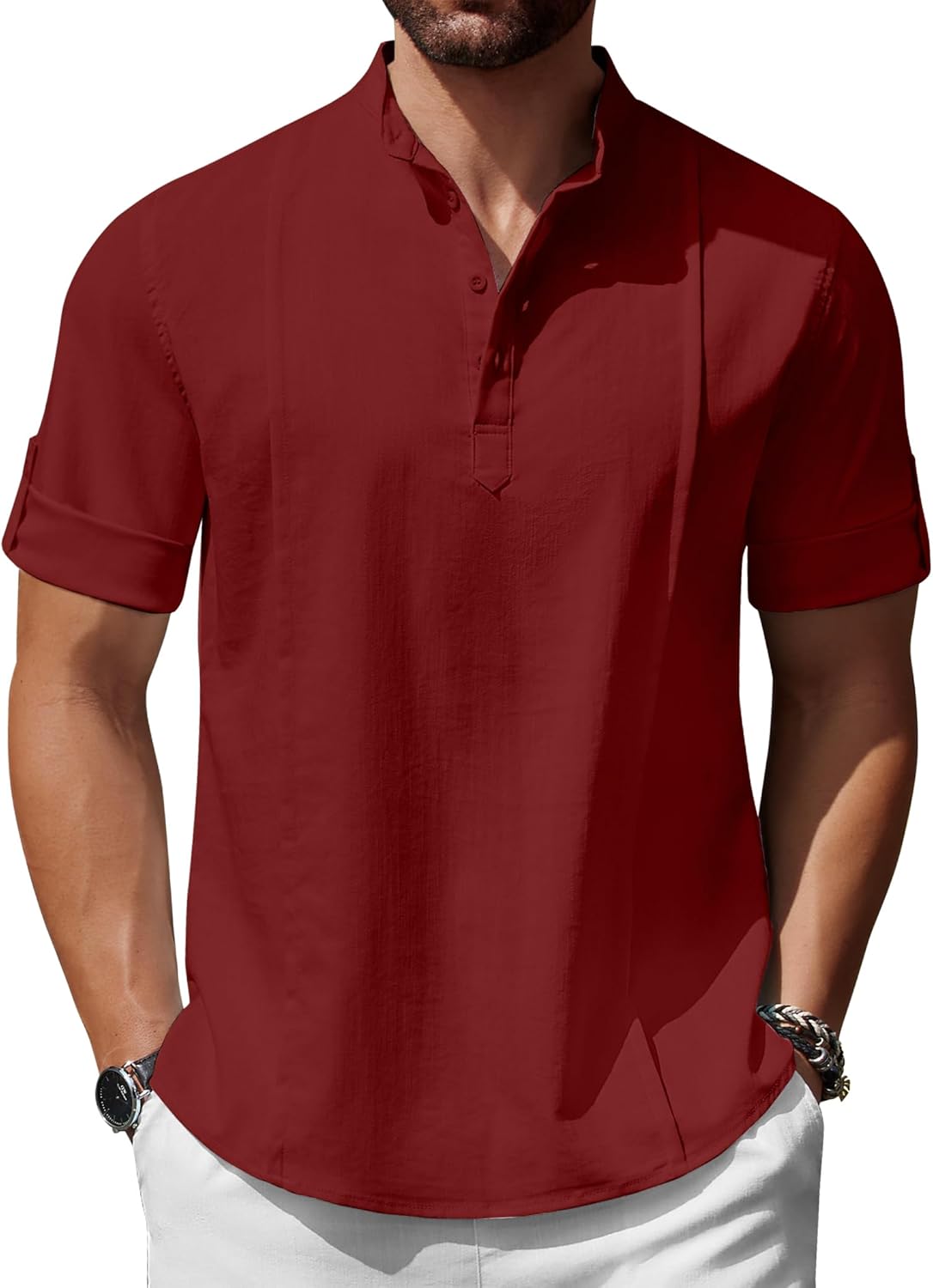 COOFANDY Men's Henley T-Shirts Short Sleeve Casual Button Henley Shirts Band Collar Tee Summer Beach Hippie Shirts