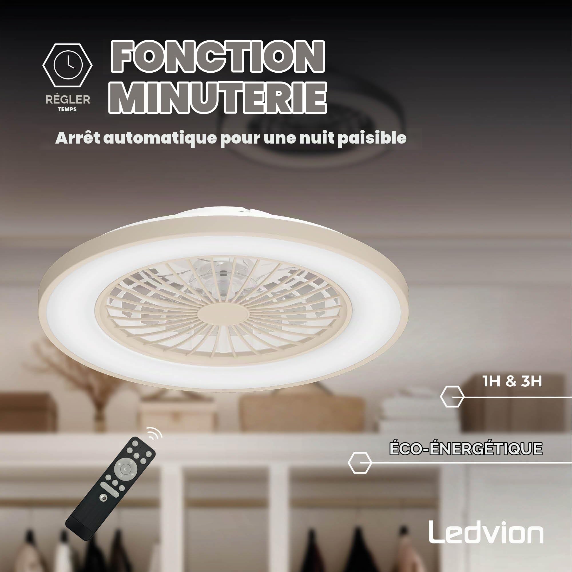 Ledvion - Ventilateur de Plafond avec Lumière, 49cm, Beige, 48W, 5200Lm, (2700k/4000K/6000K), 3 températures de couleur, 5 vitesses, Intensité variable, Télécommande, été-hiver, Ventilateur | Pour un mouvement d'air agréable dans le salon ou la chambre à