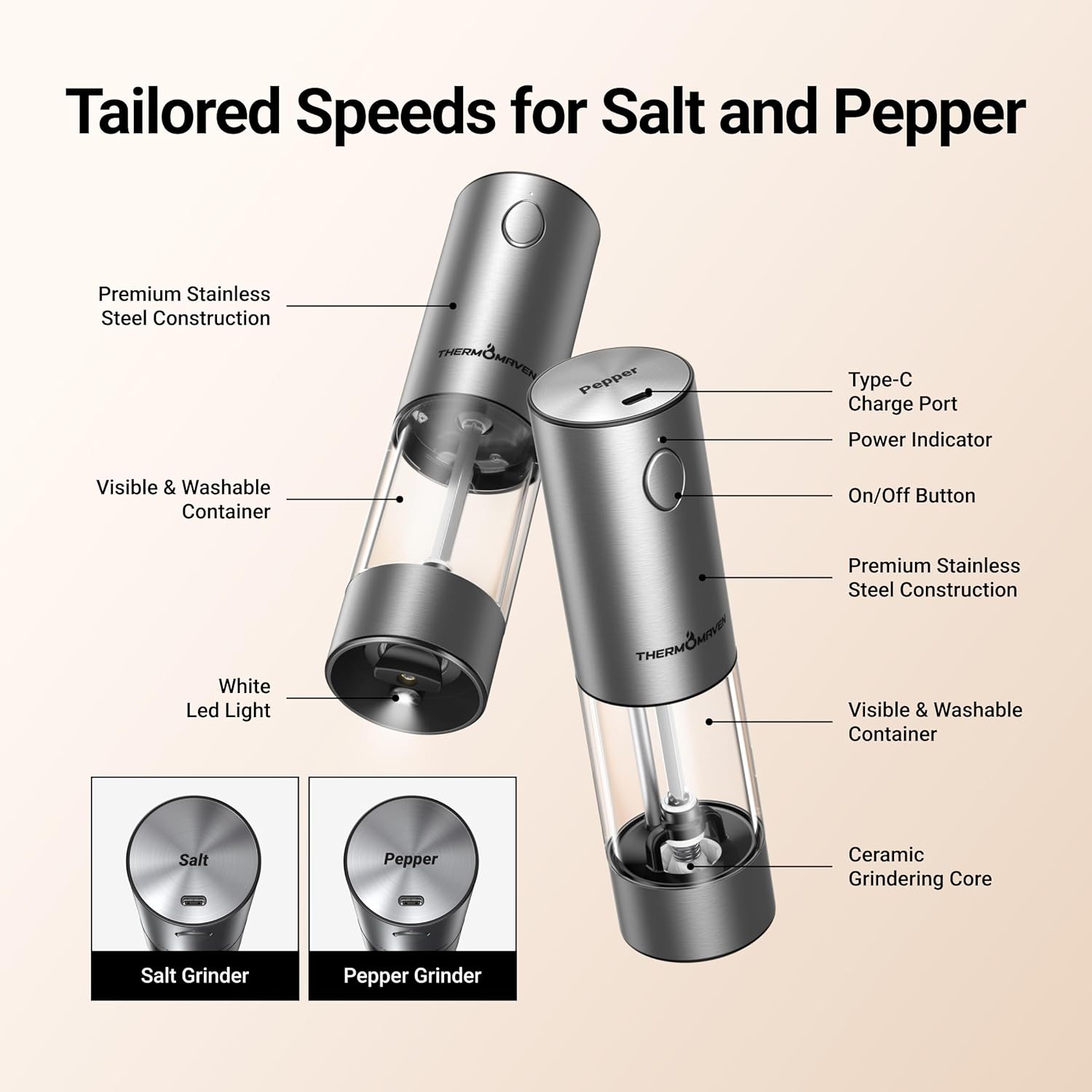 ThermoMaven Upgraded Larger Capacity Electric Salt and Pepper Grinder Set, 110ml Rechargeable Salt and Pepper Shaker with LED light, Stainless Steel Automatic Pepper Mill with 6 Adjustable Coarseness - Image 6