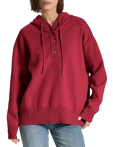 Womens Sweaters Soft Knit Pullover Henley Neck Long Sleeve Drawstring