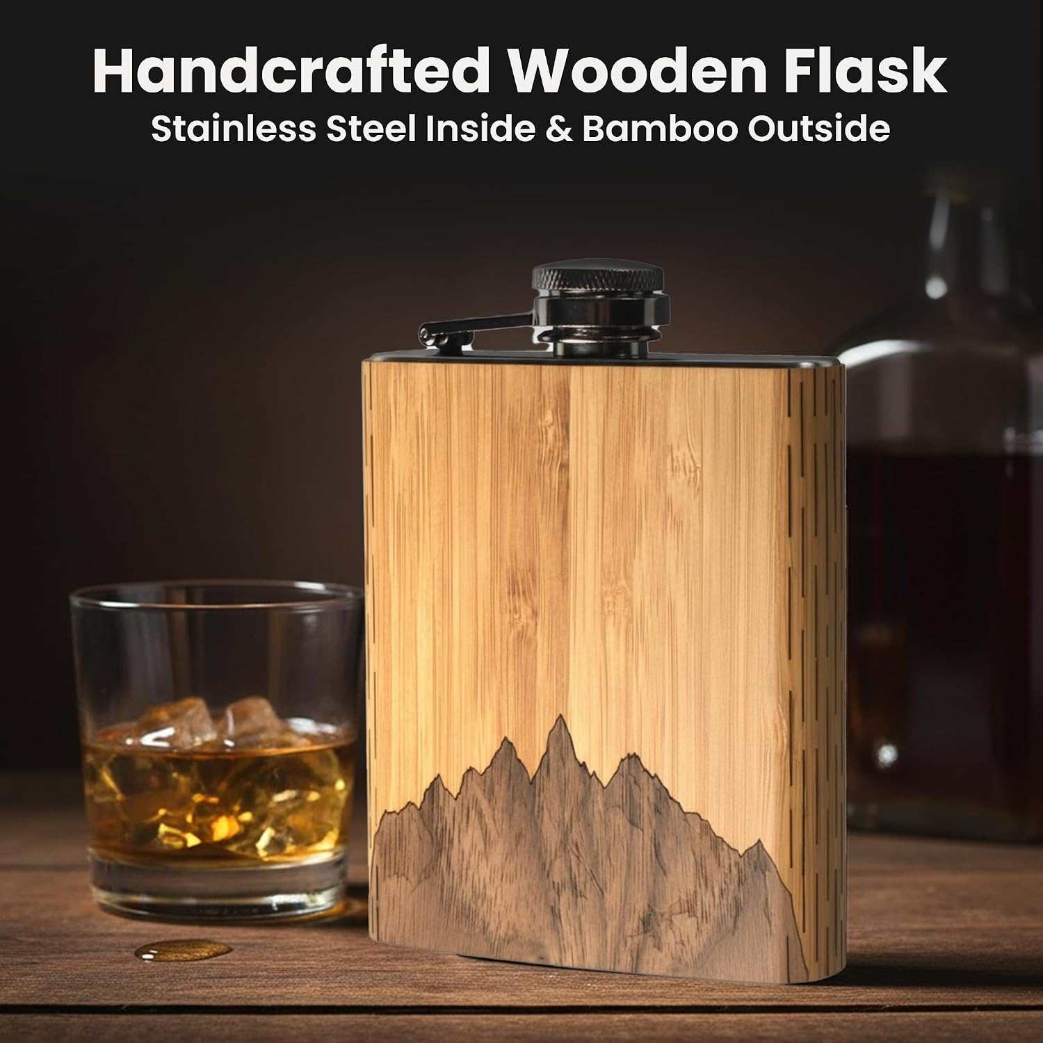 WUDN Laser Engraved Wooden Hip Flask 6 oz Stainless Steel | Cascade Range Mt. Sawtooth Mountains Bamboo Sky Design, Walnut & Maple Finish | Handmade in USA, Outdoor, Hiking, Travel