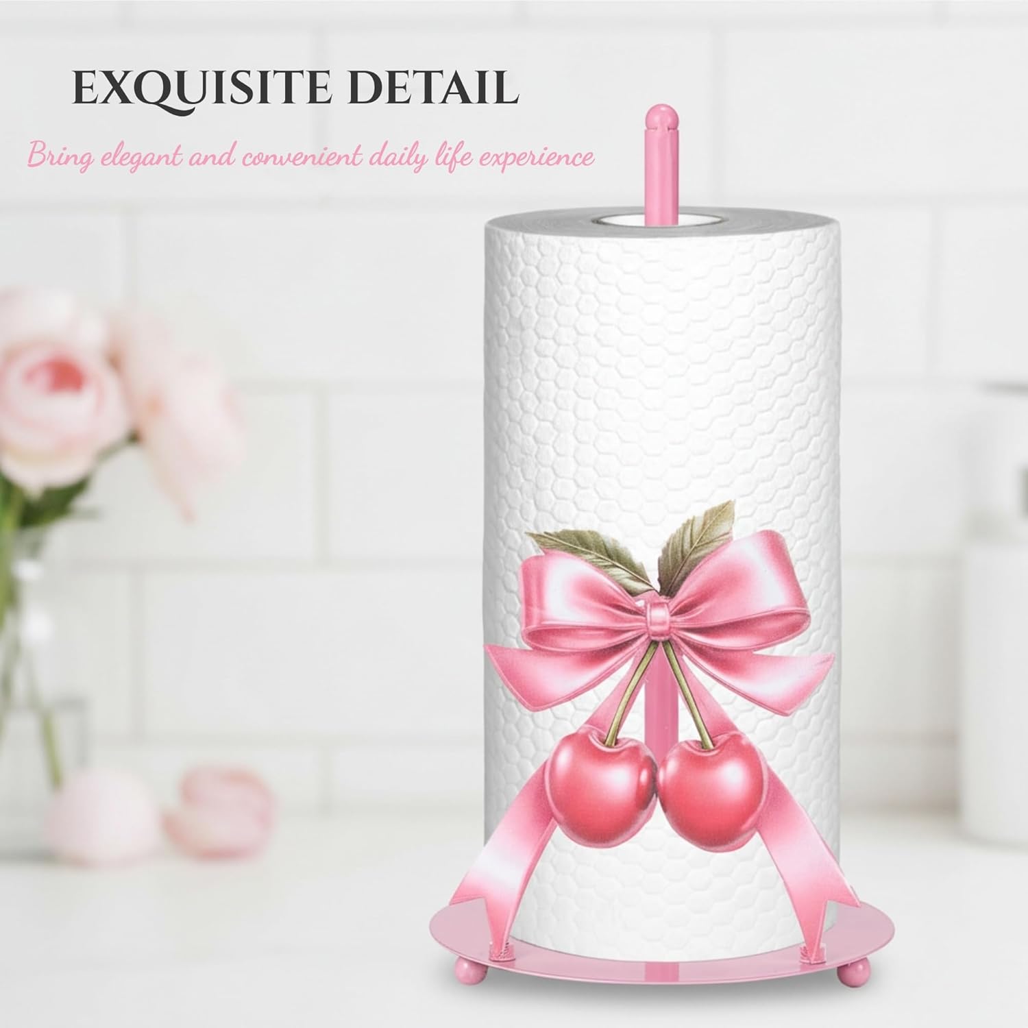 FOFOWHAT 2 Pcs Pink Bow Paper Towel Holder Coutertop with Metal Stand for Cute Style Kitchen, Bathroom Countertop, Kitchen Home and Valentines Party Decor