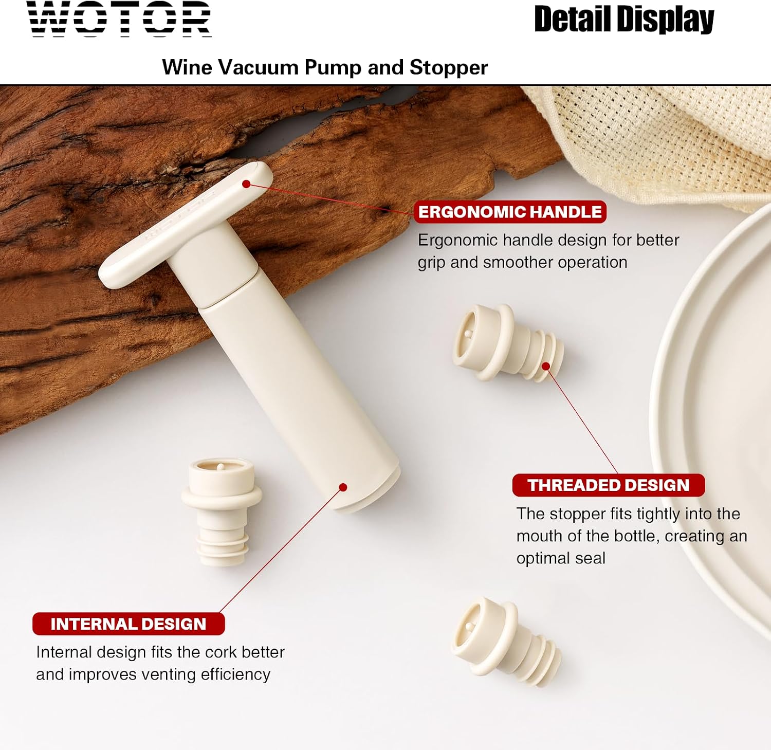WOTOR Wine Saver Vacuum Pump with 20 Stoppers, Wine Preserver, Cream image 3