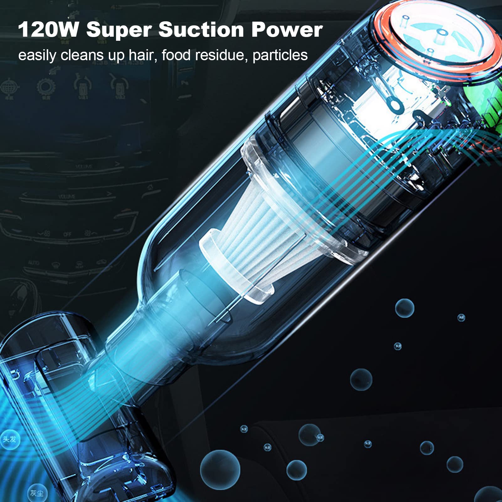 Handstaubsauger, kabelloser Autostaubsauger, tragbarer 120-W-Staubfilter mit wiederaufladbarer 1800-mAh-Batterie für die Reinigung von Tierhaaren, Privathaushalten und Autos