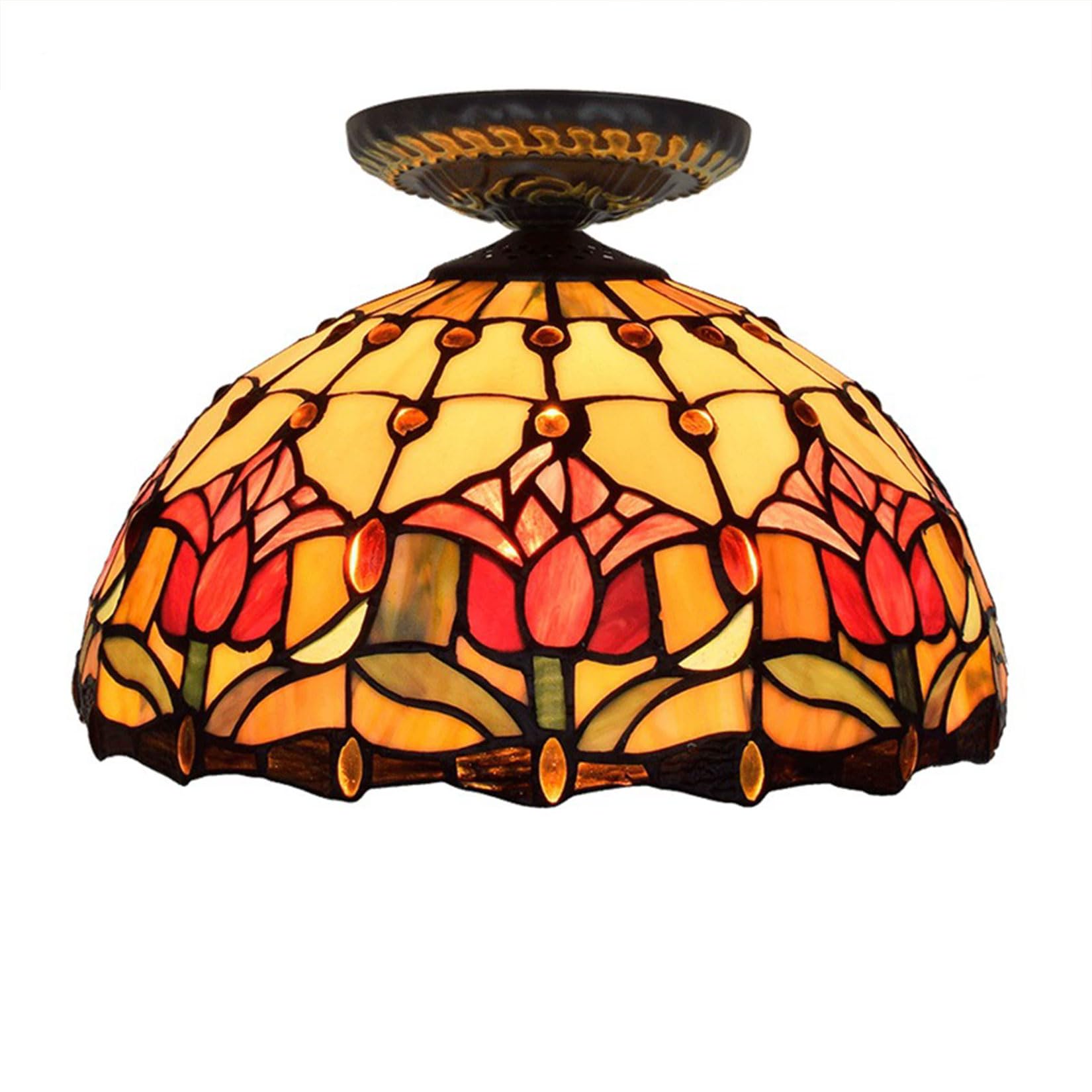 NHPJFDC Tiffany Style Ceiling Light Antique Bathroom Light Fixtures Ceiling Lamp, 1 Light, 12 Inch Semi Flush Mount Ceiling Light for Dining Room Aisle Corridor Kitchen Bedroom,Red Tulip