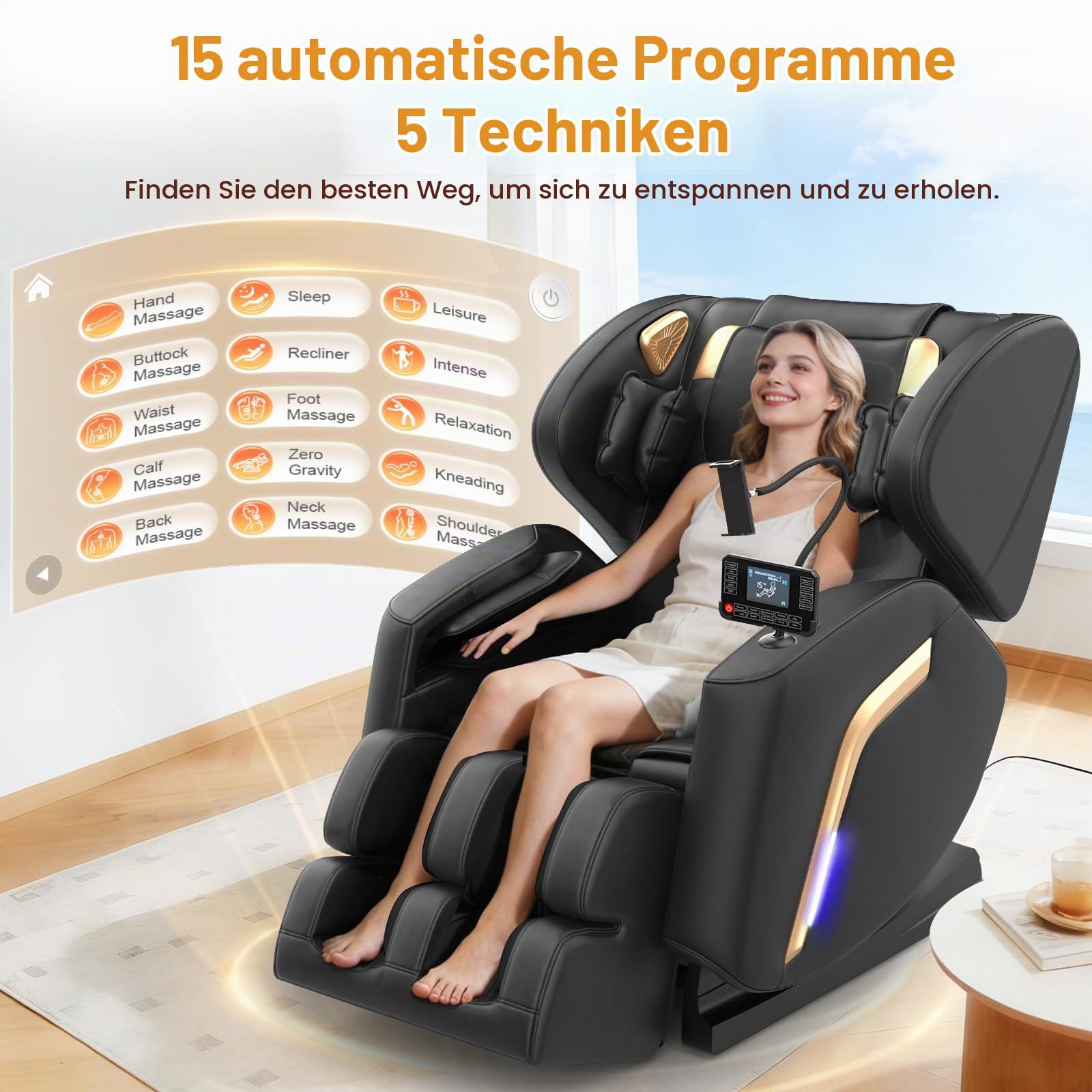 Ganzkörper Massagesessel mit Wärmefunktion,14 Massagerollen,9 Airbags,Fußmassage, Bluetooth-Lautsprecher, Smartphone-Steuerung,Touchscreen-Controller, Zero Gravity Relaxsessel Massagestühle