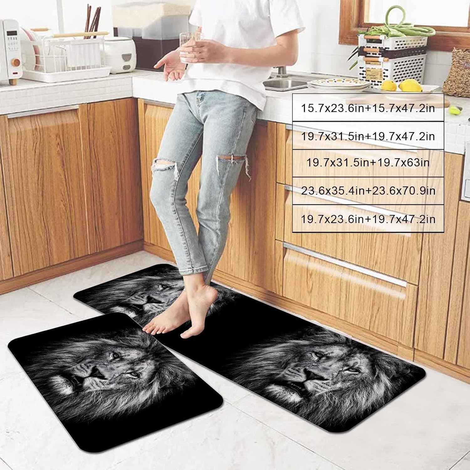 Lion Kitchen Mat Set 2 Pieces Modern Minimalist Black White Powerful Wild Animal Lion Head Non Slip Kitchen Rugs Washable Runner Rug Mats for Floor Sink Laundry Office 19.7" x 31.5"+19.7" x 47.2"