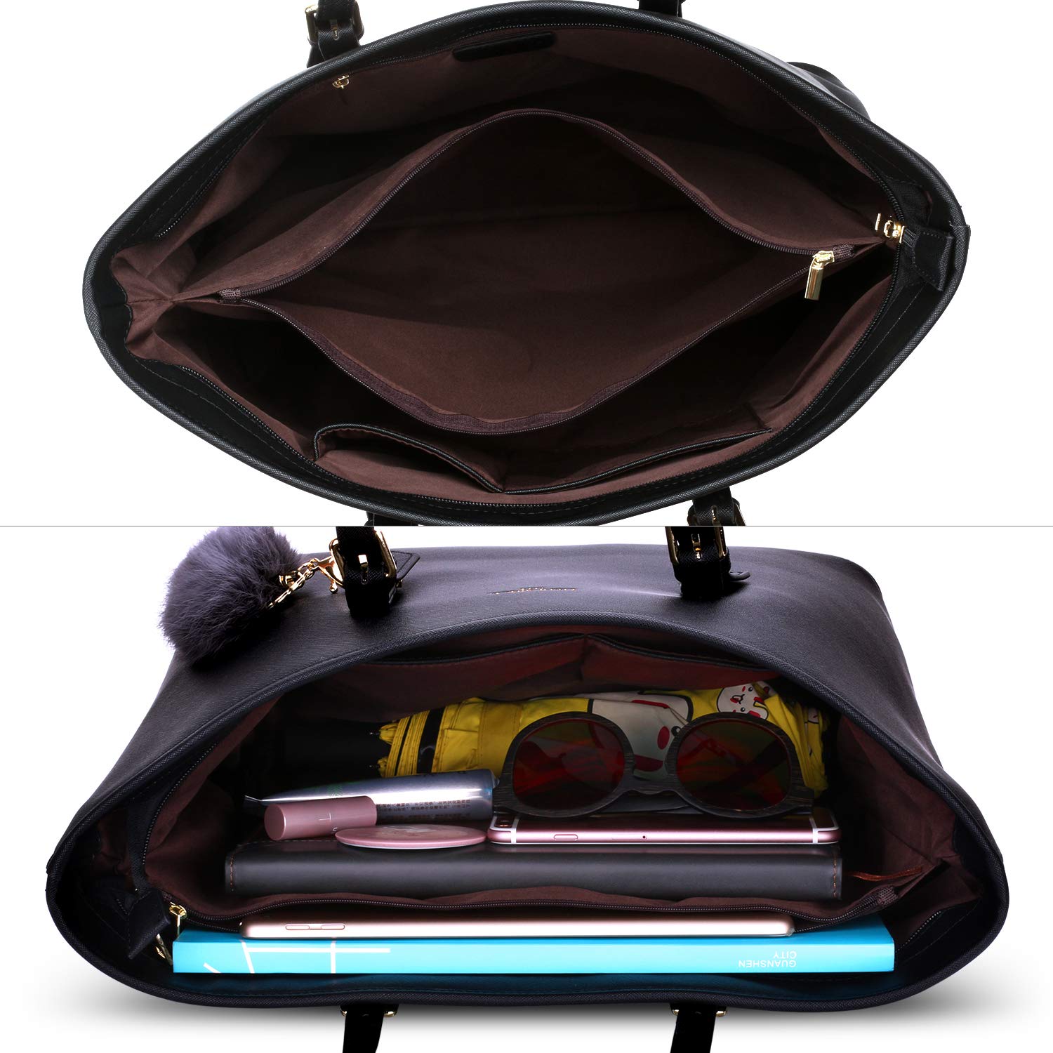 LI&HI Borsa Donna Elegante Borsa Semplice Borse Donne Semplice Tinta Unita Grande Capacità a Mano Borse Tela Borse Tracolla Borse Con Pelliccia palla peluche portachiavi