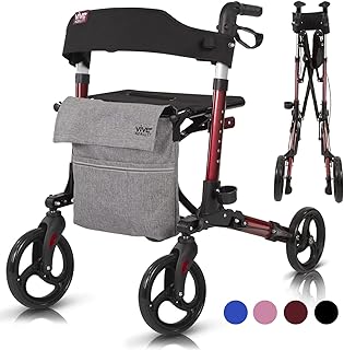 Vive Mobility Rollator Walker - Folding 4 Wheel Medical Rolling Walker with Seat & Bag - Mobility Aid for Adult, Senior, Elderly & Handicap - Aluminum Transport Chair (Red)