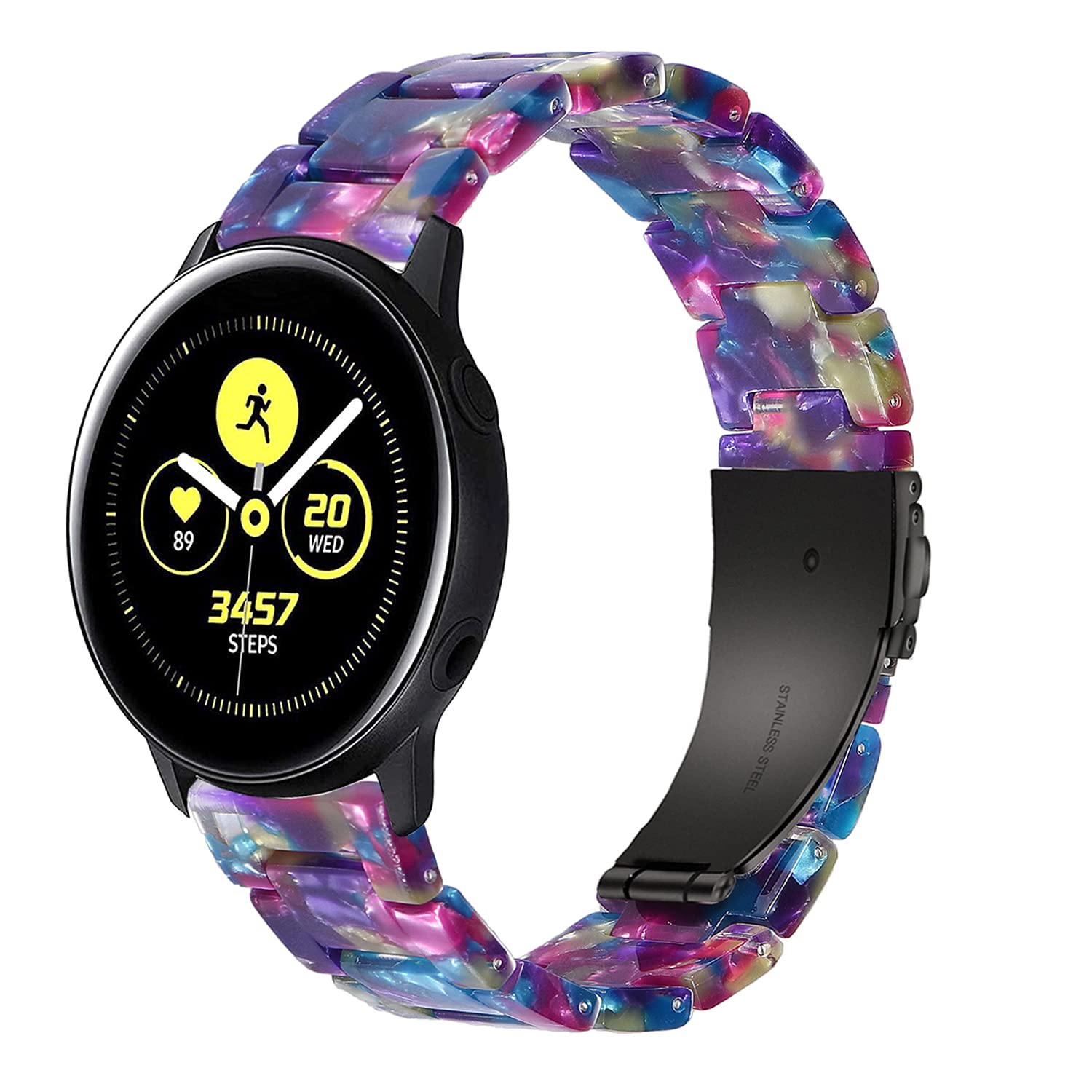 Wongeto 20mm Resin Watch Band for Samsung Galaxy Watch 4/5/Active2/Watch 3/Watch 4 Classic, Lightweight Strap (Flower Purple Green)