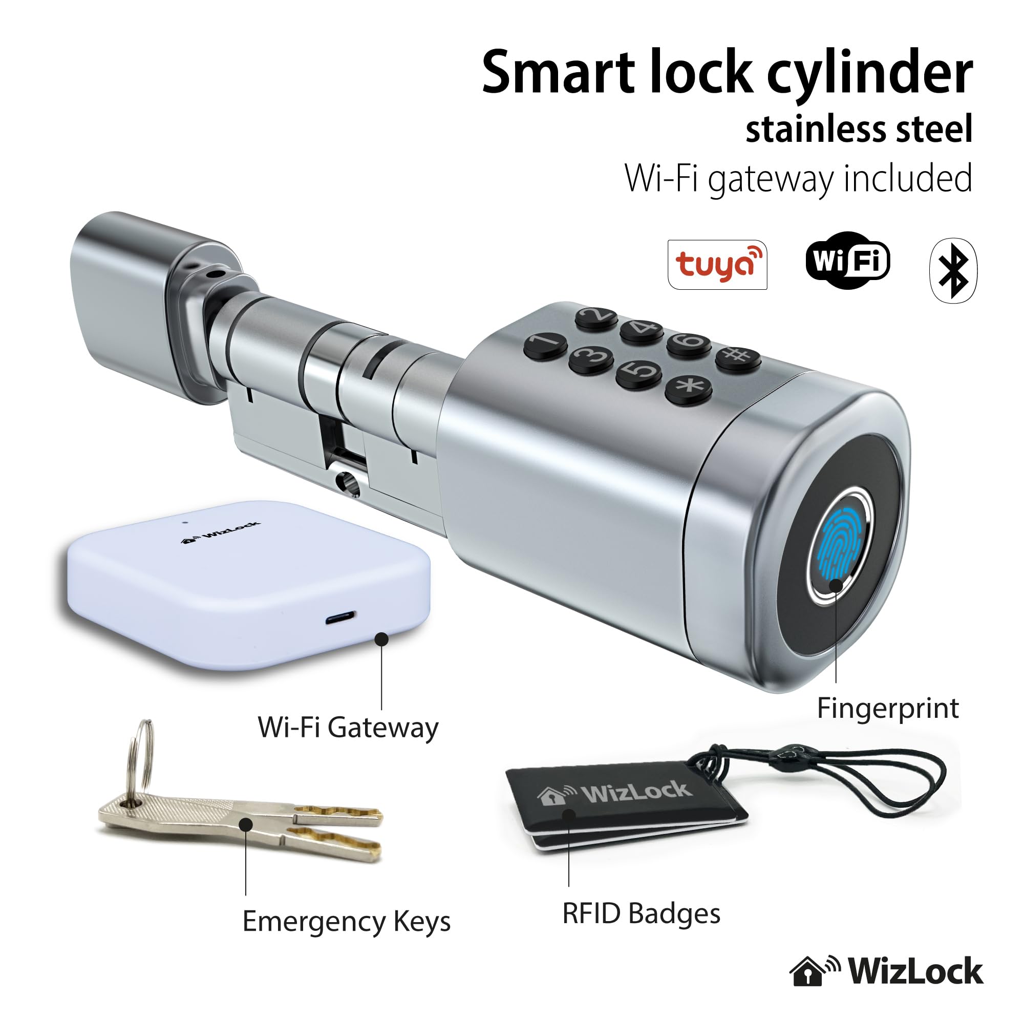 Cilindro cerradura smart Bluetooth Tuya – Aleación aluminio plata efecto inox – Internet mediante pasarela Bluetooth/Wi-Fi incluida – Acceso: Código, Tarjeta (4), Huella, App, Llave (2) – IP55