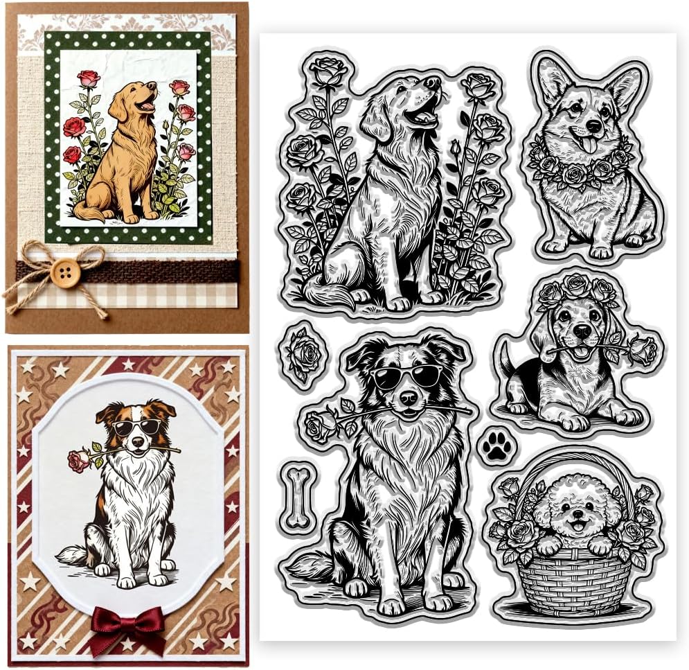 Puppy and Rose Floral Animal Pattern Clear Silicone Stamps Transparent Craft Stamps, for DIY Scrapbooking Card Making Paper Craft Decor 6.3x4.3 Inch