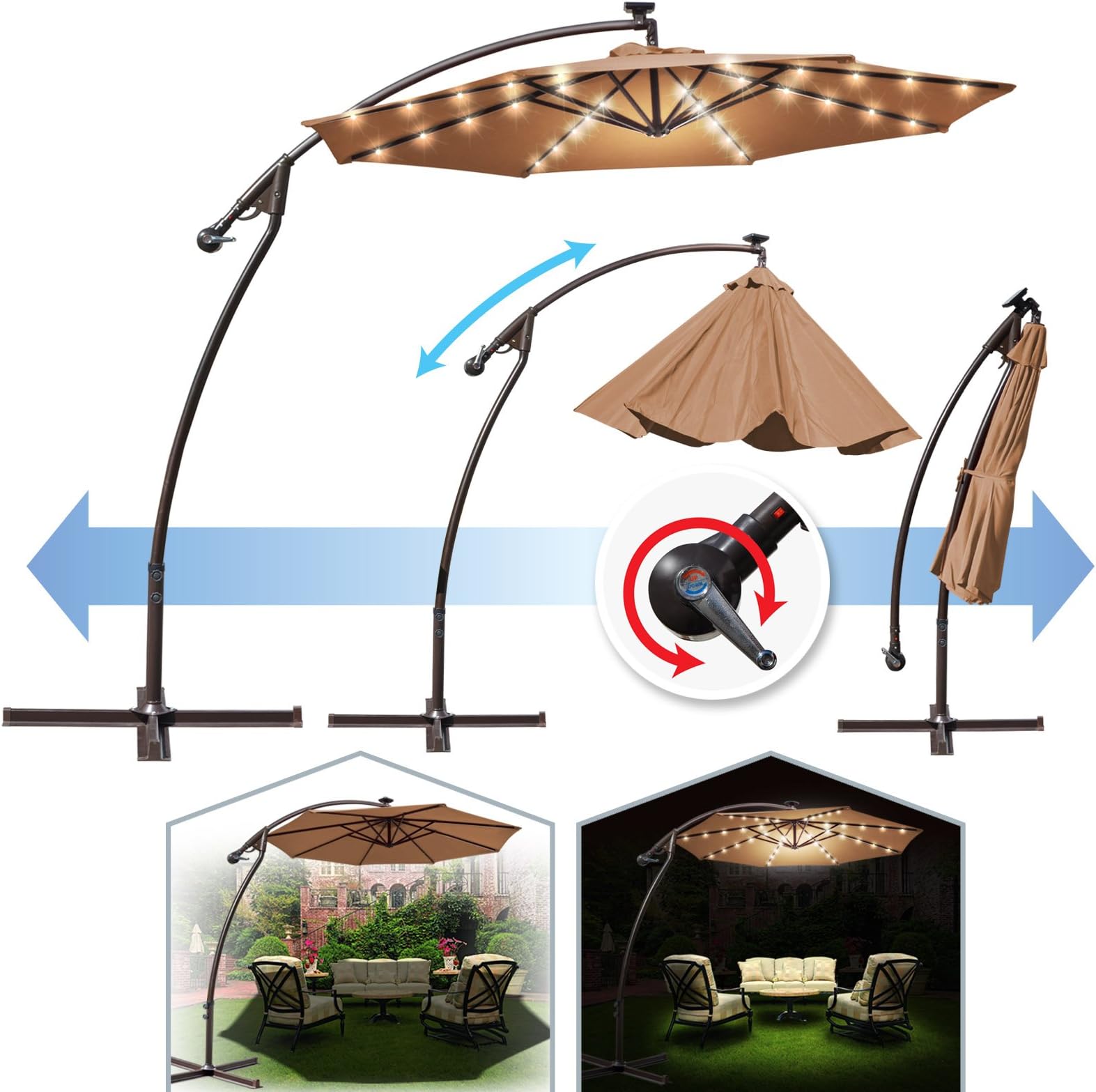 9' Cantilever Solar Powered 40 LED Light Patio Umbrella Outdoor Garden Sunshade-TAN