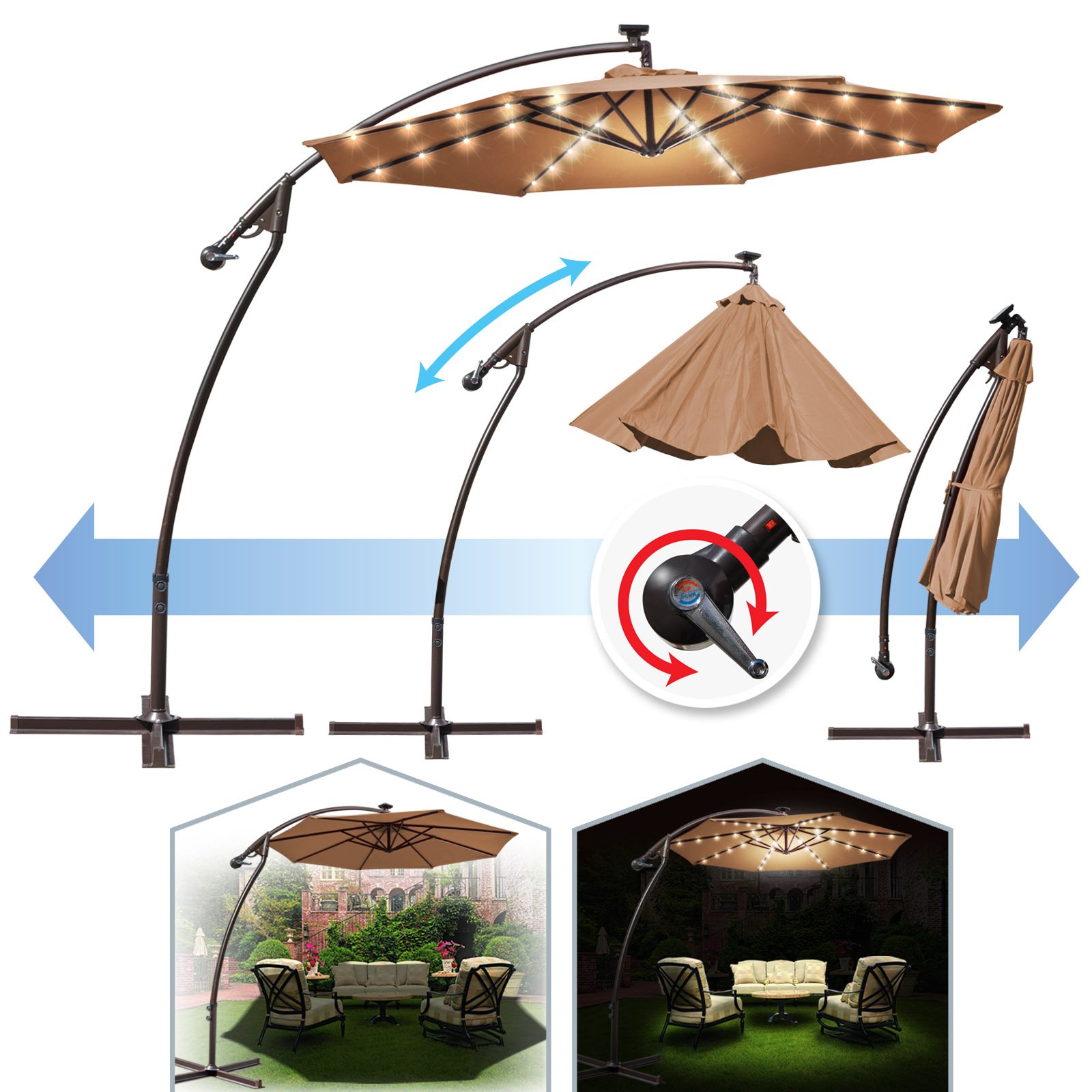 9' Cantilever Solar Powered 40 LED Light Patio Umbrella Outdoor Garden Sunshade-TAN