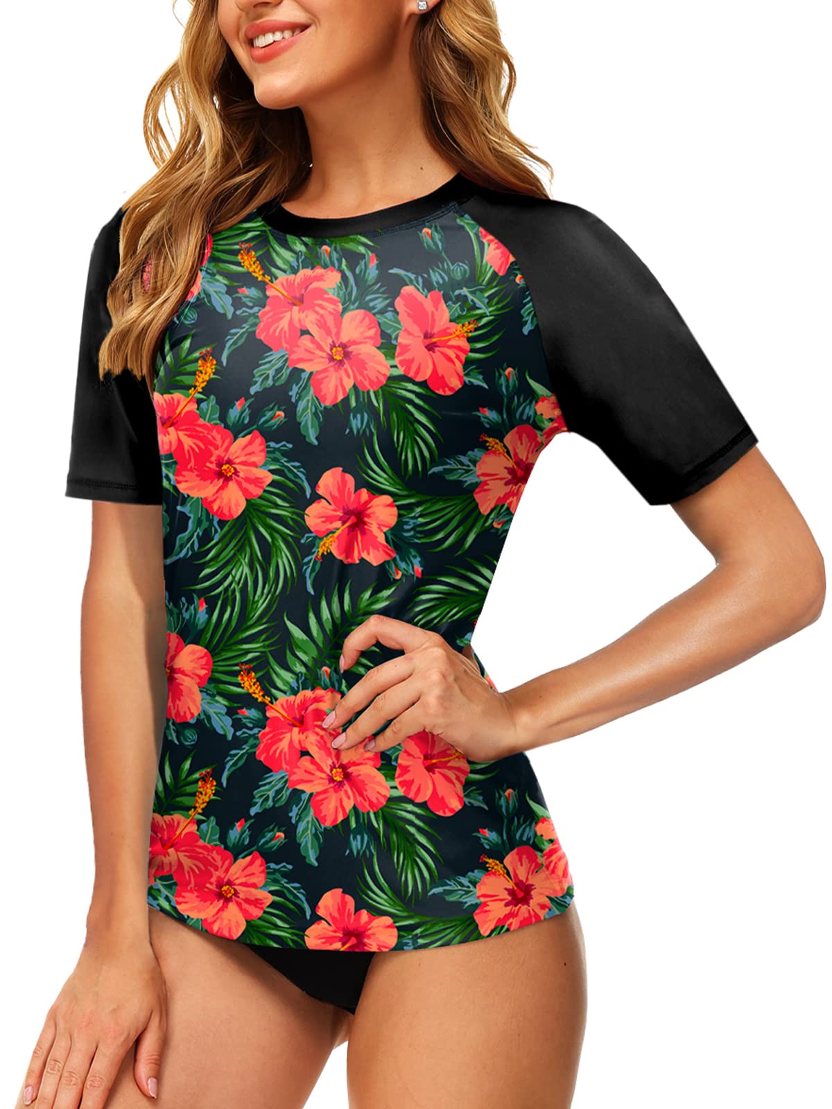 AOBUTE Women Short Sleeve Rash Guard UPF 50+ Tropical Sun Protection Floral Swim Shirts