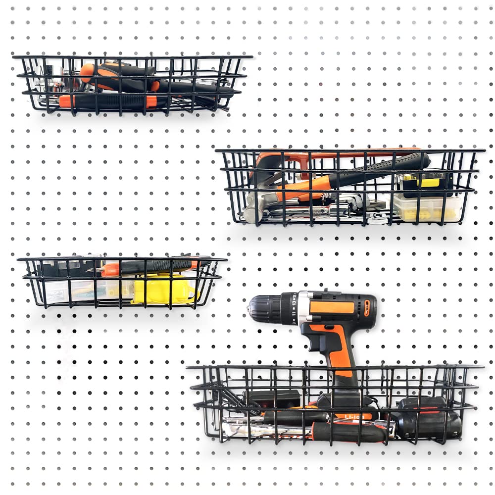 Dobures Pegboard Baskets 4 Pack, Bins Set, Accessories, Garage Storage Wall Organizer Attachments, Square Style Black