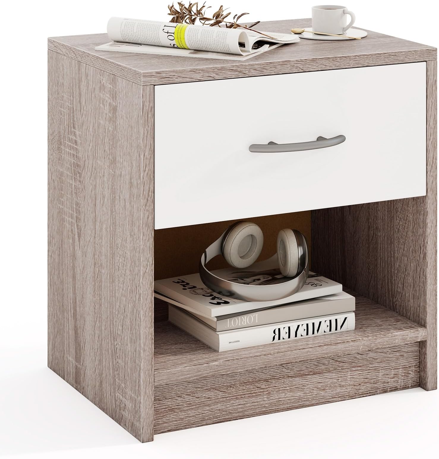 KOMFOTT Nightstand with Drawer, Modern Bed Side Table with Slide-Out Drawer, Open Storage Shelf, Bottom Non-Slip Pads, Small Accent End Table for Living Room Bedroom (1, Oak Grey)