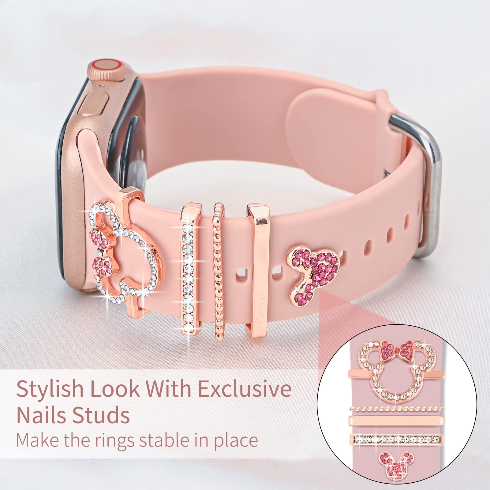 Uhr Armband Charme, mit dekorativem Ring und Schnalle, kompatibel mit Apple Watch 40mm 41mm 44mm 45mm Metall Diamant Armband Schiebezubehör, passend für iWatch Serie 8 7 6 5 4 3 2 1