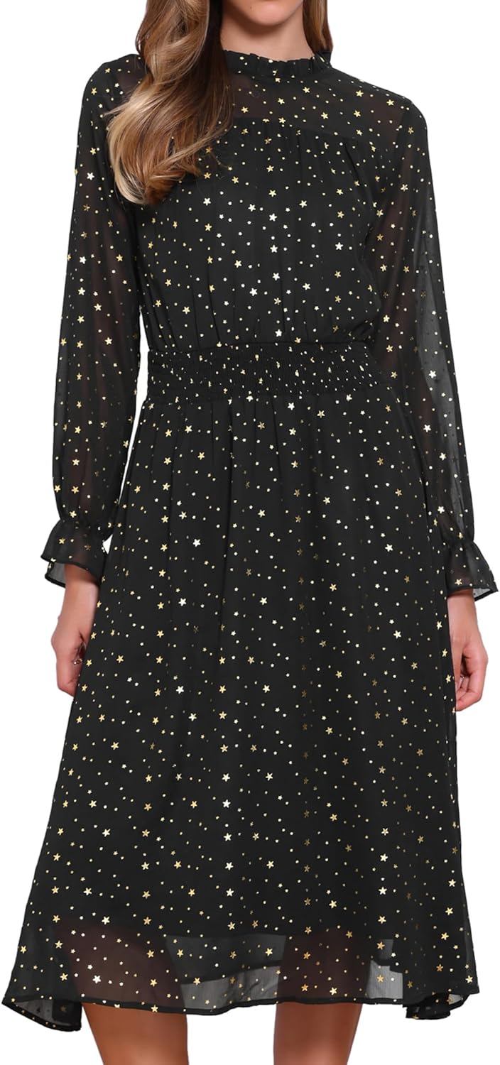 Allegra K Chiffon Midi Dresses for Women 2026 Sheer Long Sleeve Smocked A-Line Lining Metallic Stars Party Dress