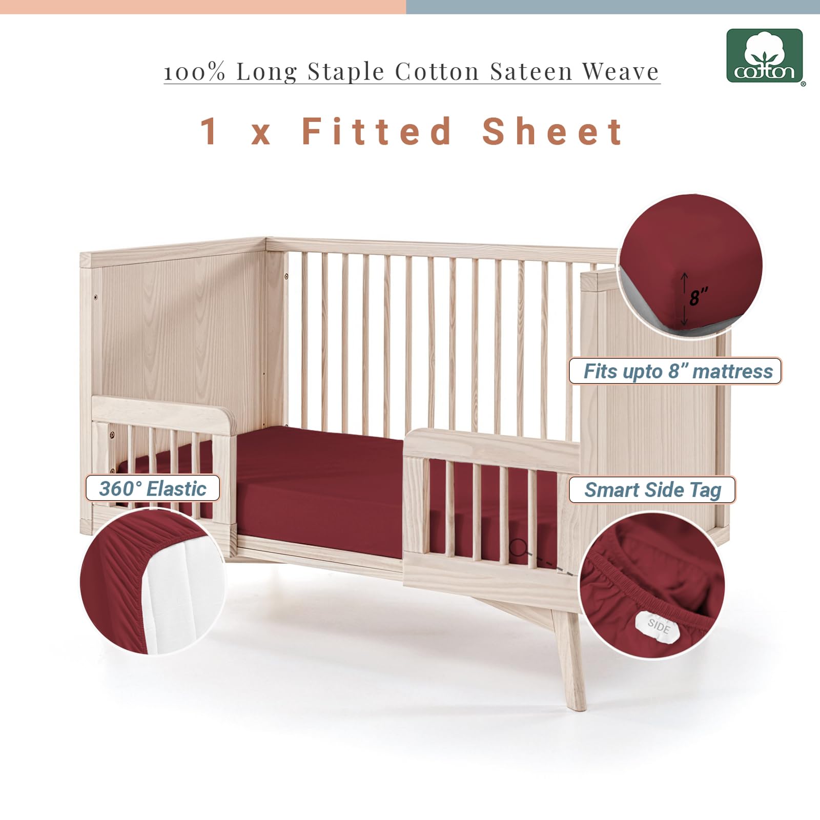 Pizuna 100% Cotton Fitted Cot Sheets Rio Red, 400 Thread Count Long Staple Cotton Fitted Cot Sheets 140 x 70 cm - Image 3