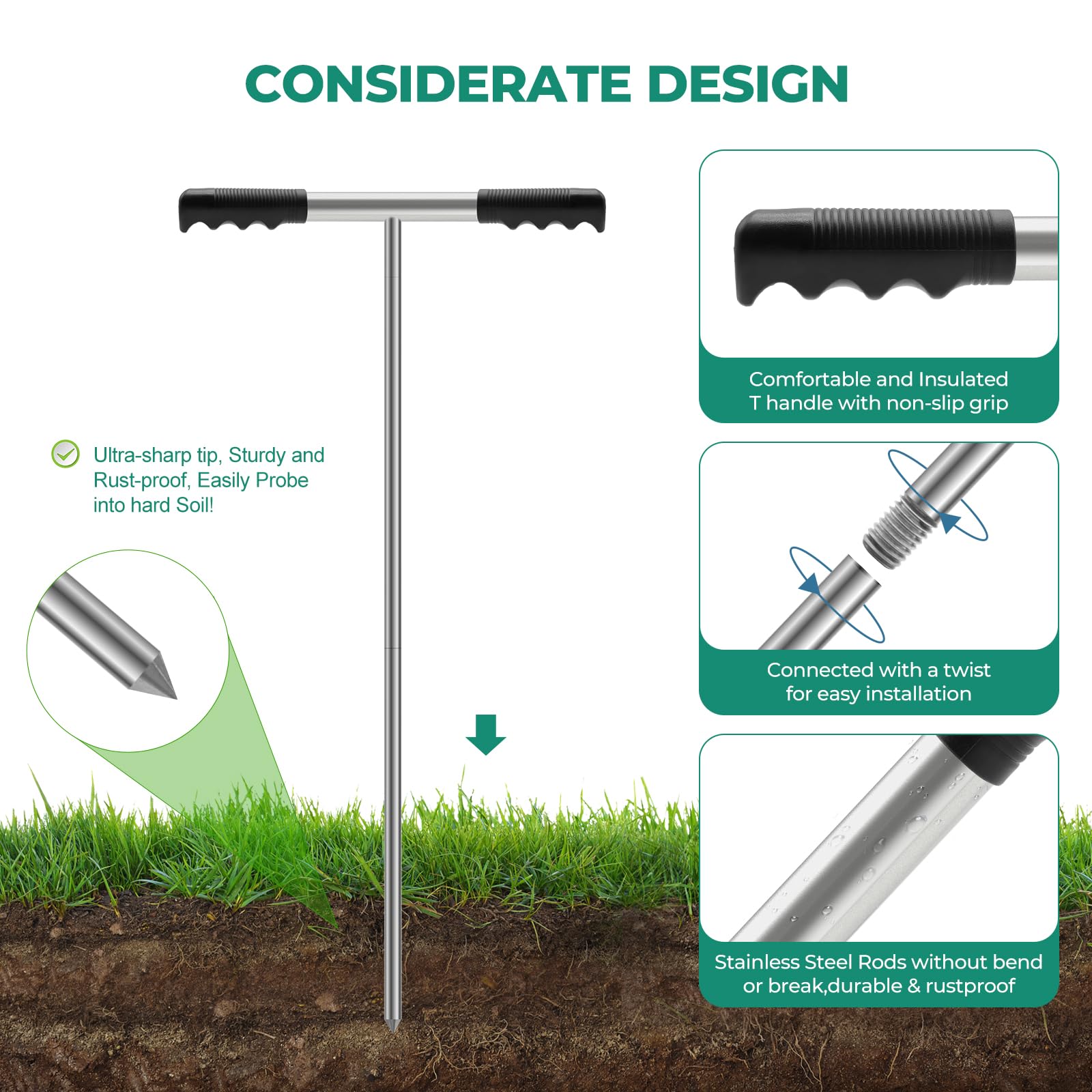 Proben Rod ARELENE Solid Stainless Steel Soil Probe Rod, Adjustable 17-32-48 Inch ...