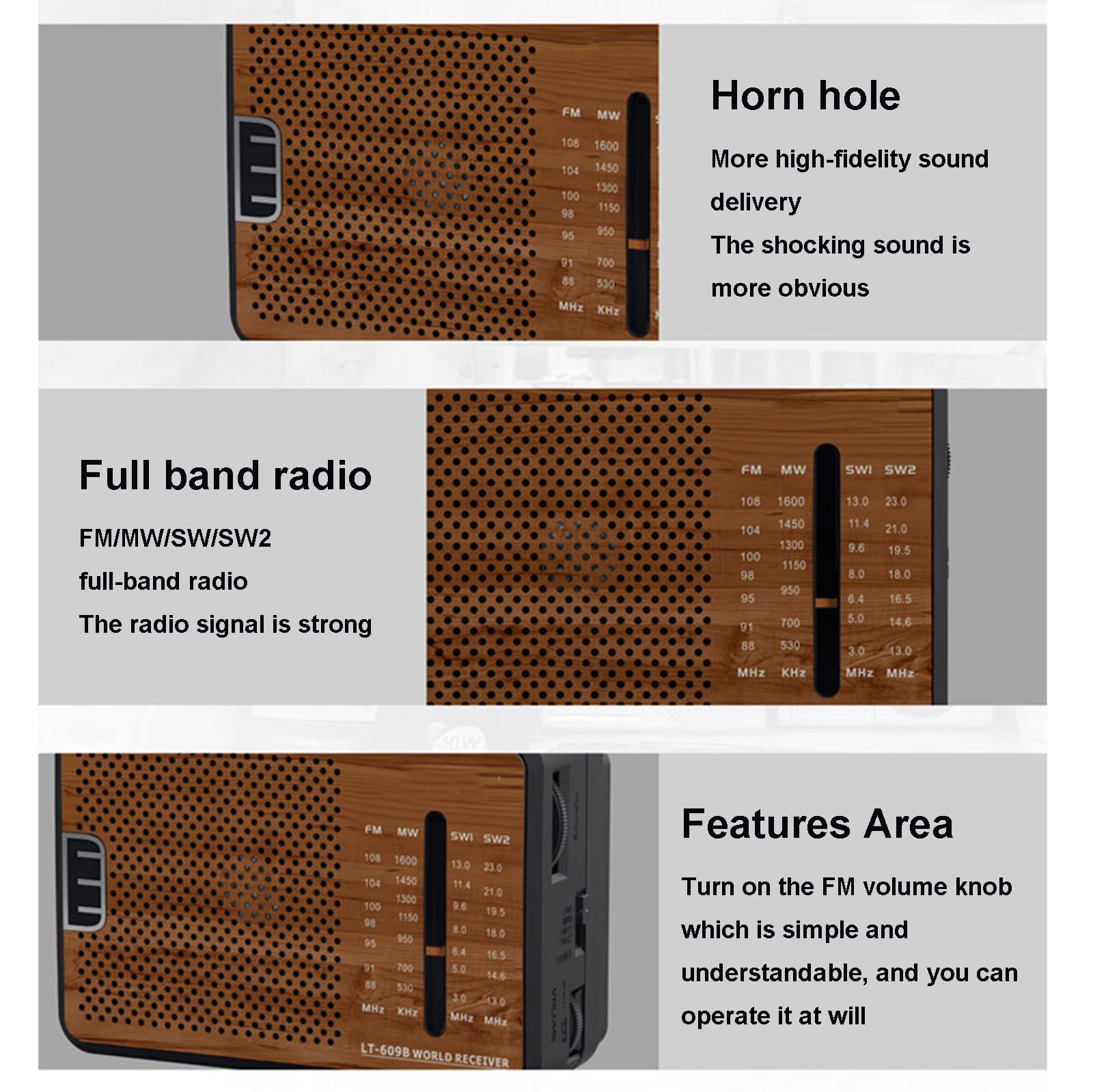 Radio FM/MW/SW1/SW2, radios portátiles con iluminación LED, Alimentado por baterías o 220 V CA, Adecuado para Personas Mayores y hogar,B