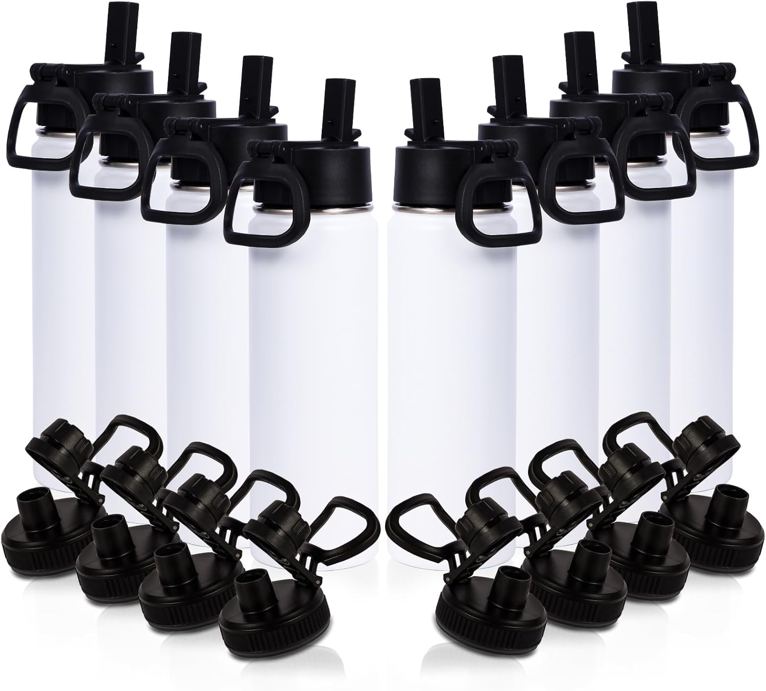 Volhoply 20oz Insulated Stainless Steel Water Bottle With Straw Lid Bulk 8 Pack,Not Suitable for Sublimation,Kids Double Wall Vacuum Cups with Handle,Reusable Outdoor Sports Metal Bottles(White,8)