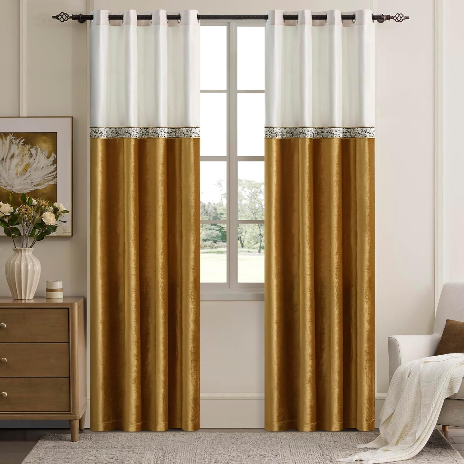 GIGIZAZA Velvet Curtains for Living Room 84 Inches 2 Panels Vintage Window Treatment Ivory Gold Curtain Embroidered Floral Blackout Drapes Retro Curtains Set
