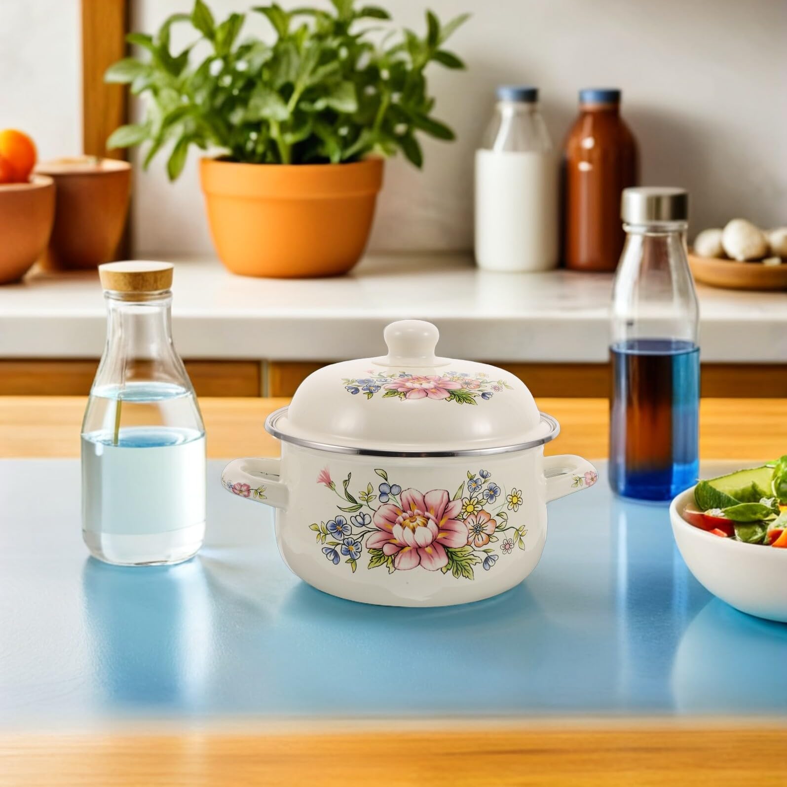 ULTECHNOVO Olla de Sopa Esmaltada Retro con Flor de Olla Pequeña para Caldo Apta para Cocina Eléctrica Gas con Tapa para Cocinar Fuego Lento