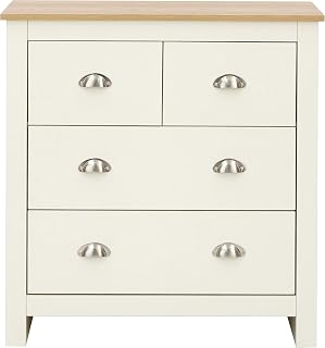 GFW Lancaster Wooden 4 Drawer Chest With Steel Cup Handle & 37.7 Litre Drawers, Modern Bedroom Furniture Chest Of Drawers Storage Unit, Contrast Oak Top, Cream D-35 x W-79 x H-81cm