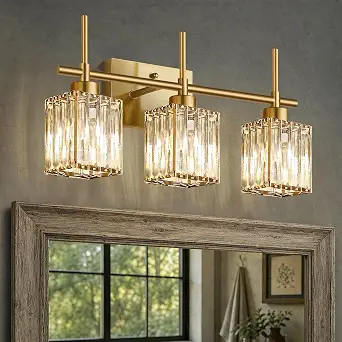 Torondo 3-Light Modern Crystal Bathroom Vanity Light, Brushed Gold, Square Shade Wall Sconce