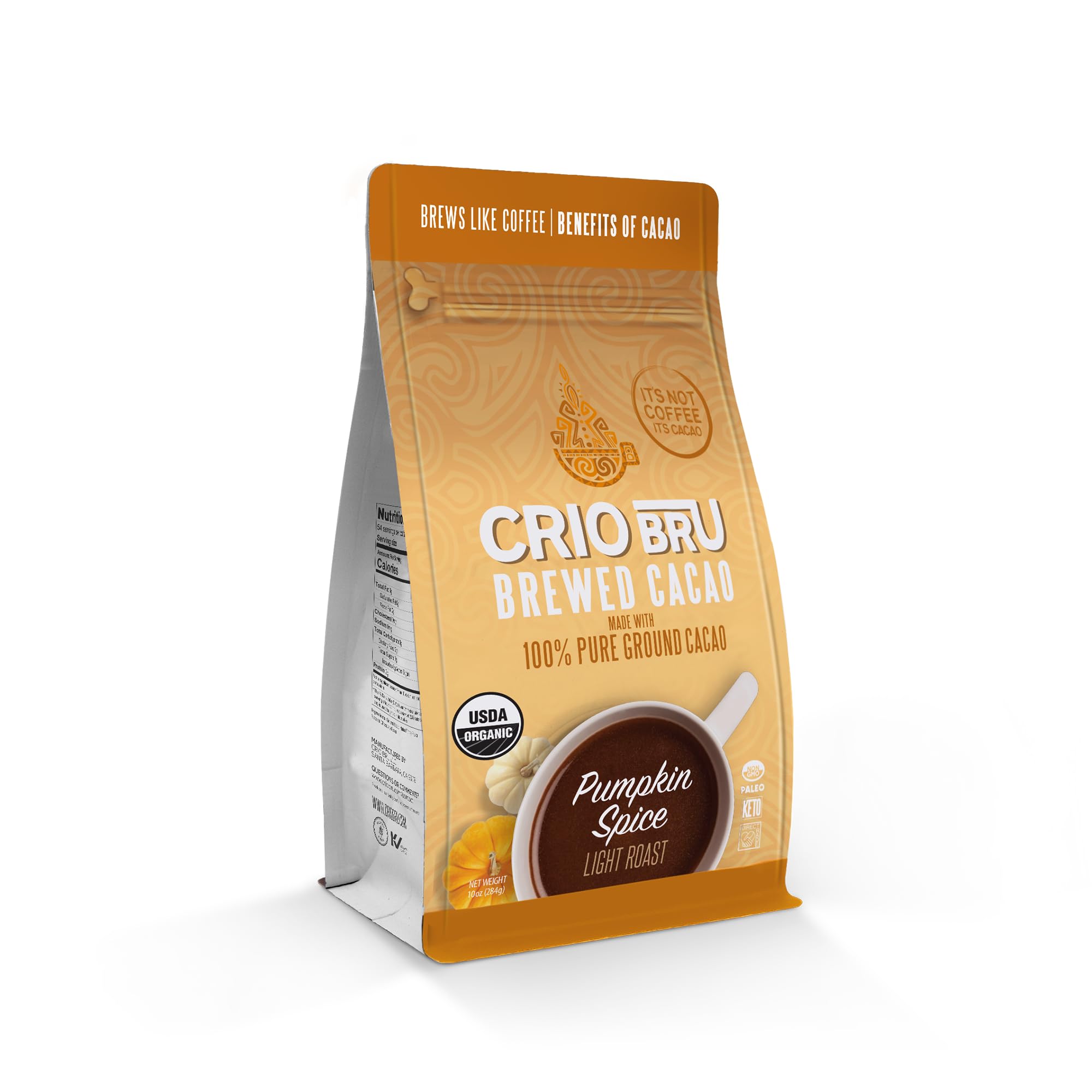 Crio Bru Pumpkin Spice Light Roast 10oz Bag | Organic Healthy Brewed Cacao Drink | Great Substitute to Herbal Tea and Coffee | 99% Caffeine Free Gluten Free Whole-30 Low Calorie Honest Energy Brew And Enjoy Hot or Iced