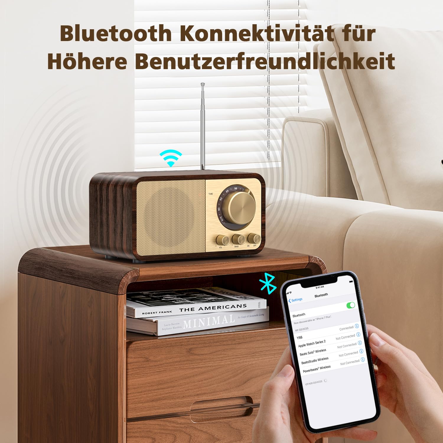 Nostalgie Radio, Retro Radios mit Bluetooth, TF Karten Slot, 2000mAH Wiederaufladbare Batterie, 5 Watt Lautsprecher, Vintage Radios mit AUX/USB, Radio für Küche/Schlafzimmer/Büro