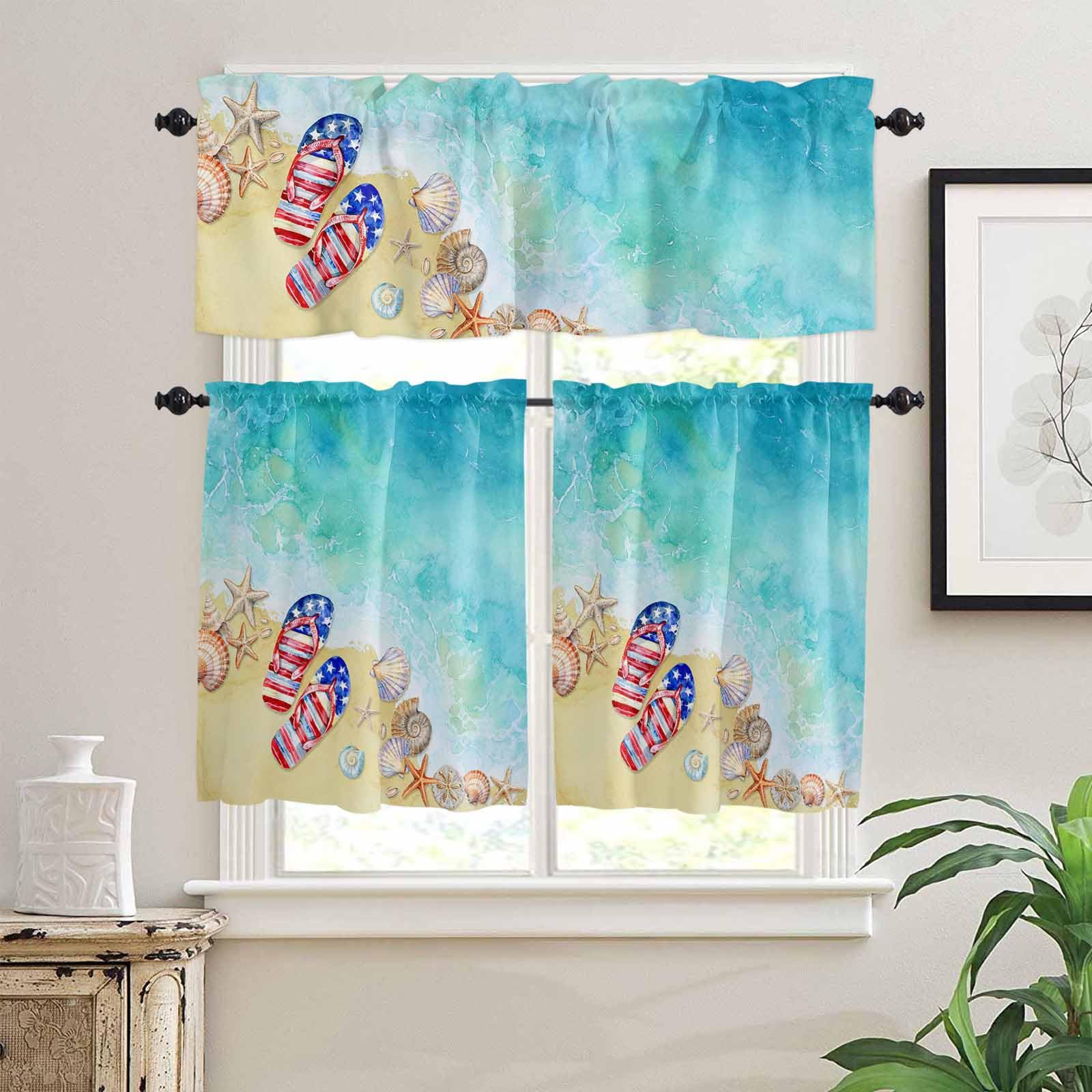 Teal Coastal Slippers Kitchen Curtains 36 Inch Length, 3 Piece Rod Pocket Small Half Tiers and Valance Set, Summer Beach Shell Seaside Small Large Window Treatment Decor for Bedroom/Bathroom Sink