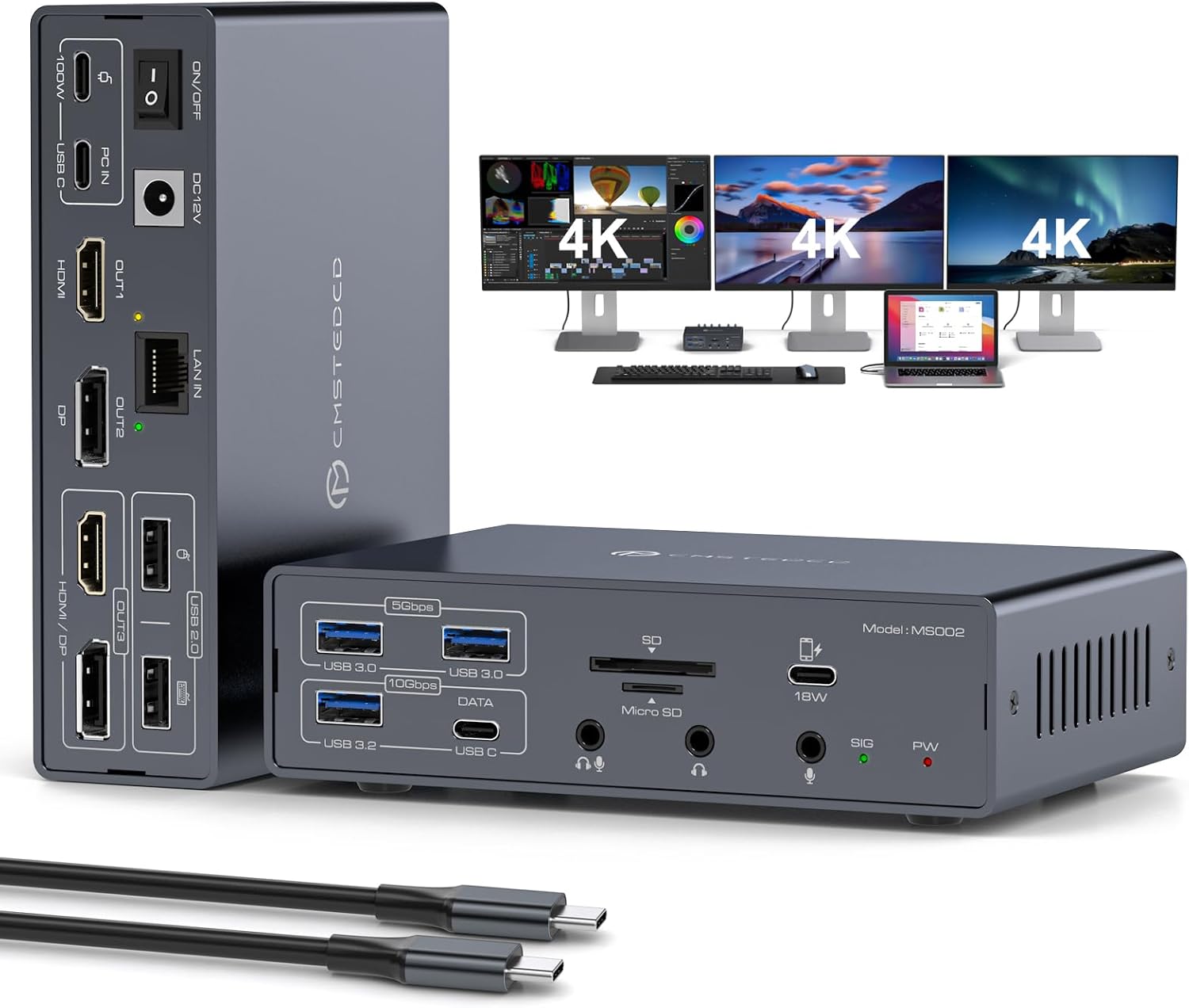 Thunderbolt Docking Station 3 Monitors 4K@60Hz for M1 M2 M3 M4 MacBook Pro/Air with DisplayLink Technology, 19 in 1 USB C Dock with 2 HDMI & 2 DisplayPort, PD 100W, QC 18W, USB 3.2 10 Gbps